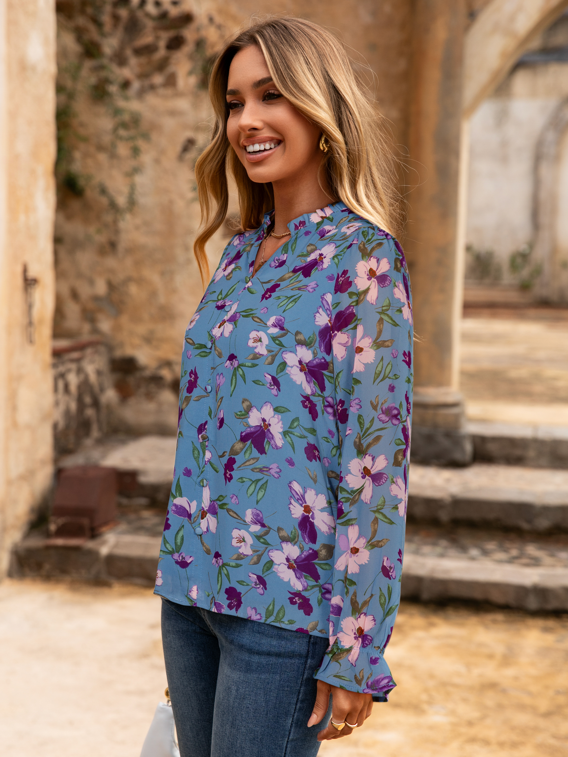 Floral V Neck Puff Sleeve Chiffon Blouse
