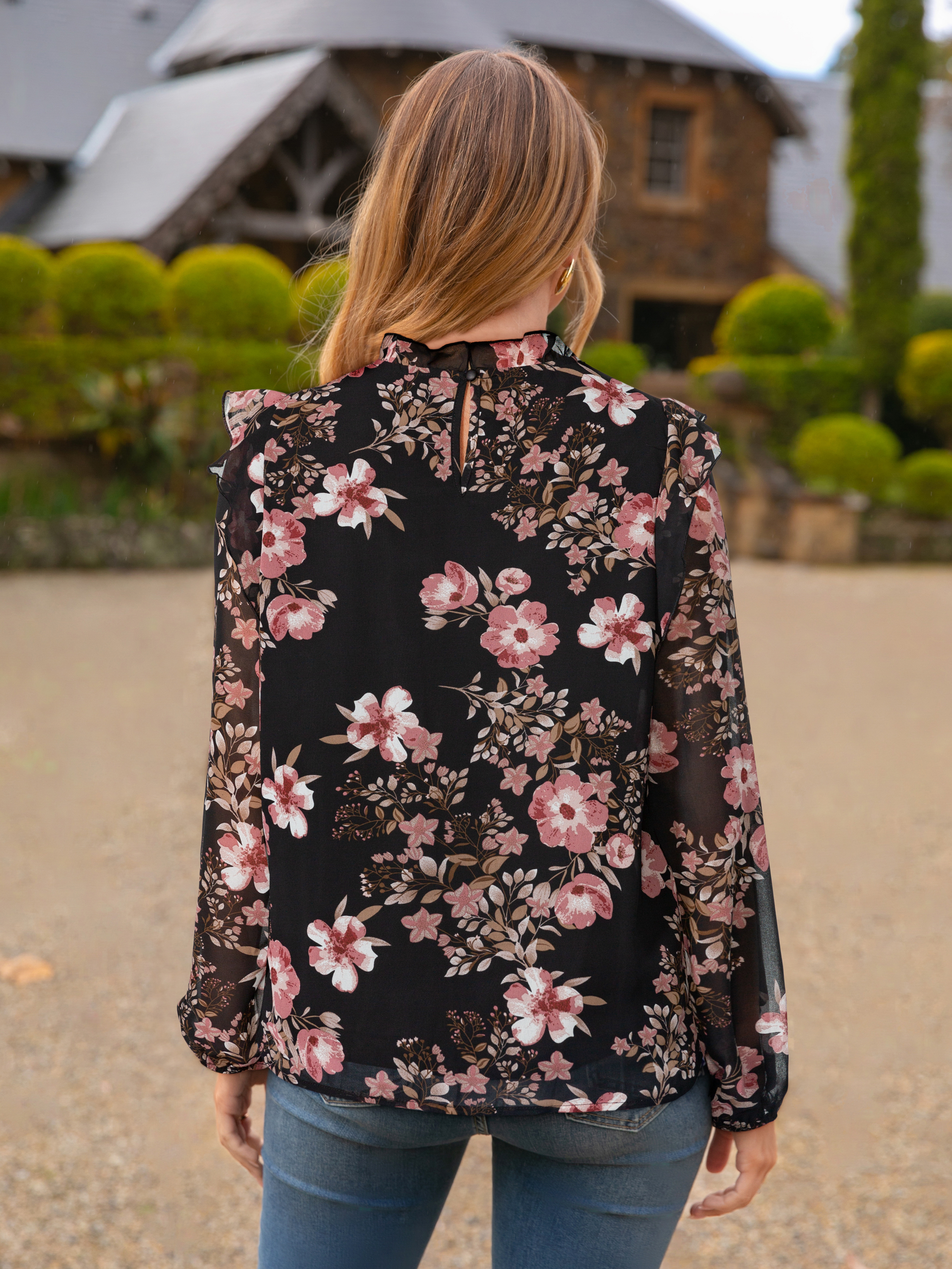 Boho Floral Ruffle Long Sleeve Blouse