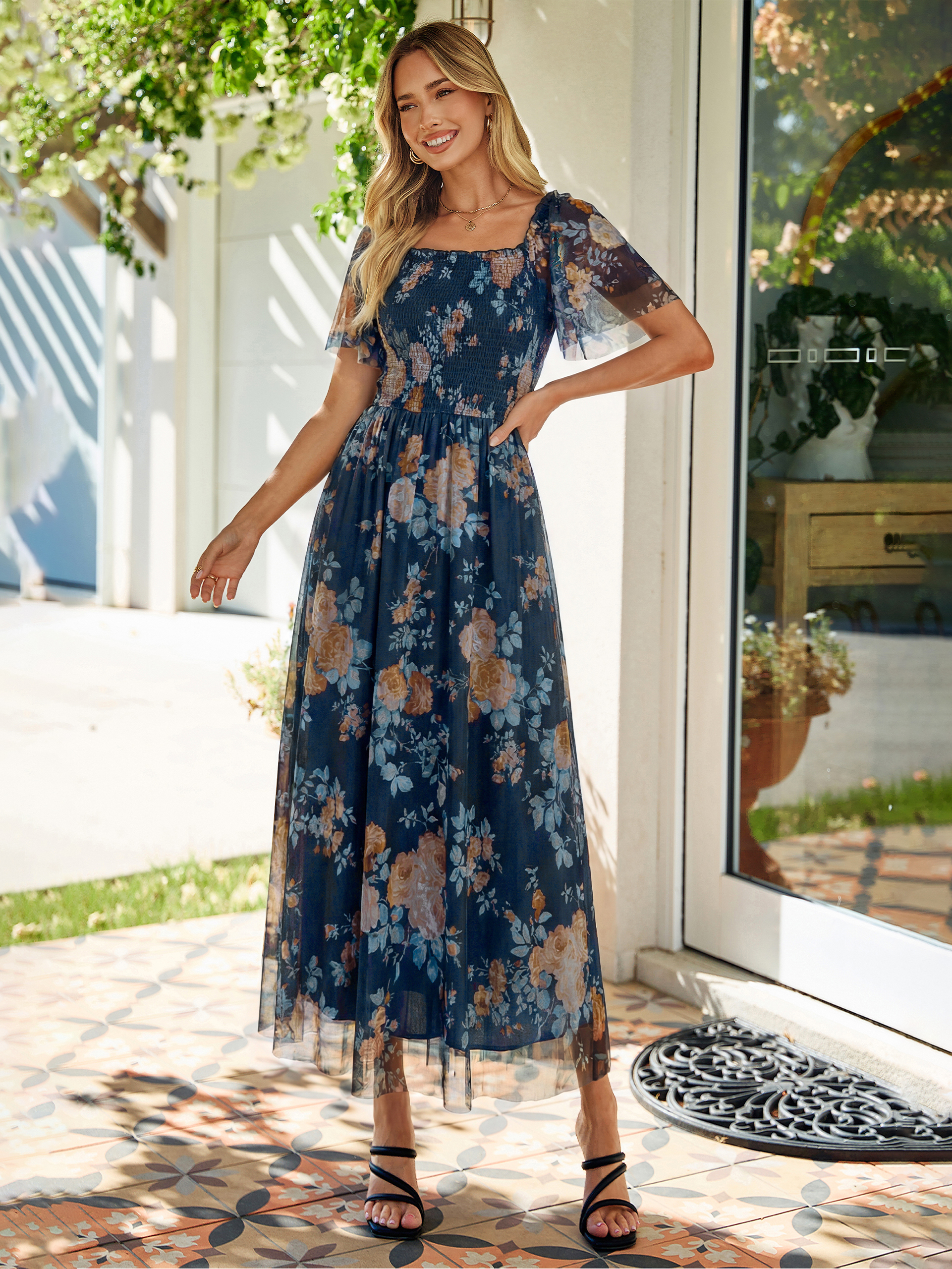 Floral Square Neck Smocked Flutter Sleeve Maxi Dress