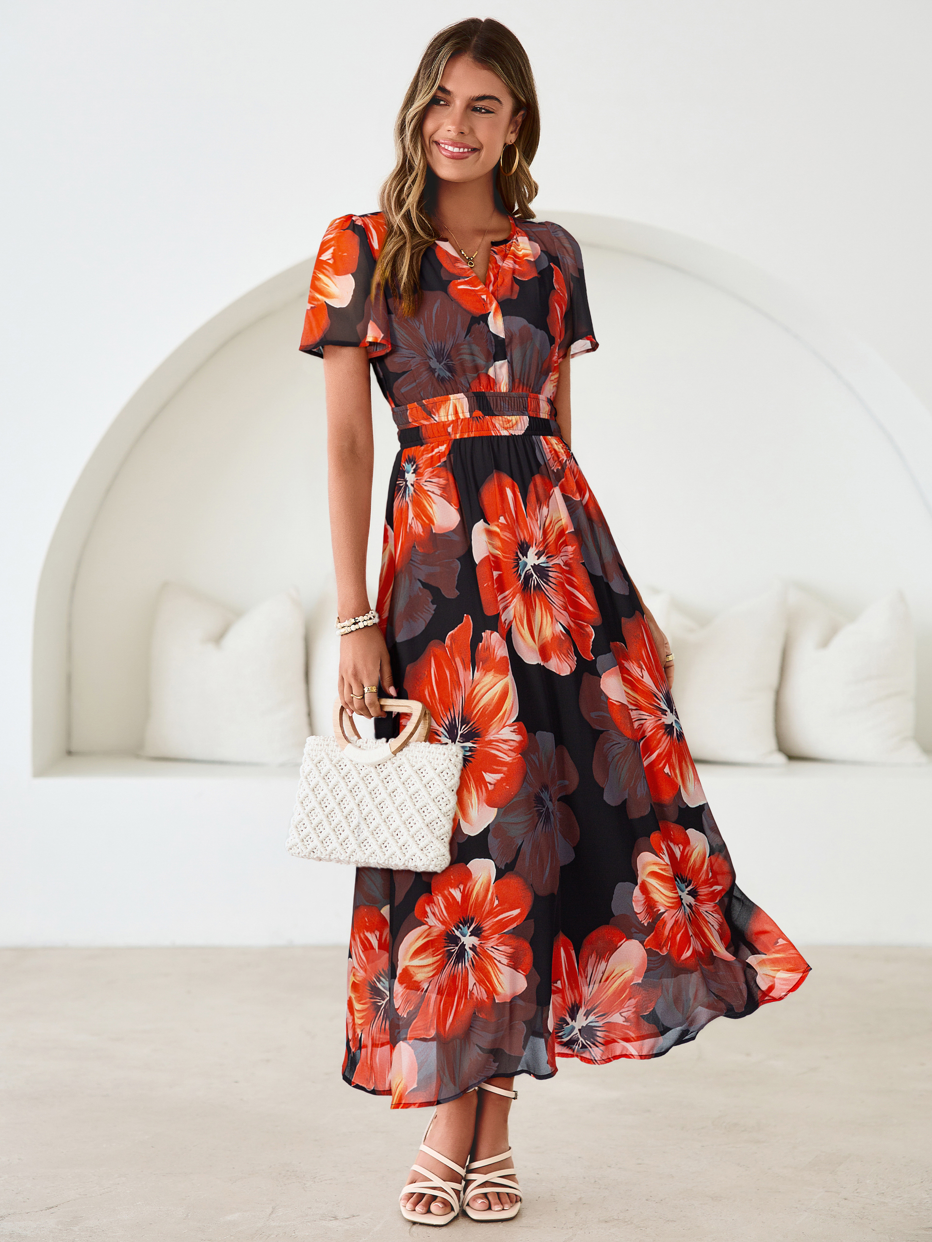 Floral V-Neck Smocked Waist Maxi Dress