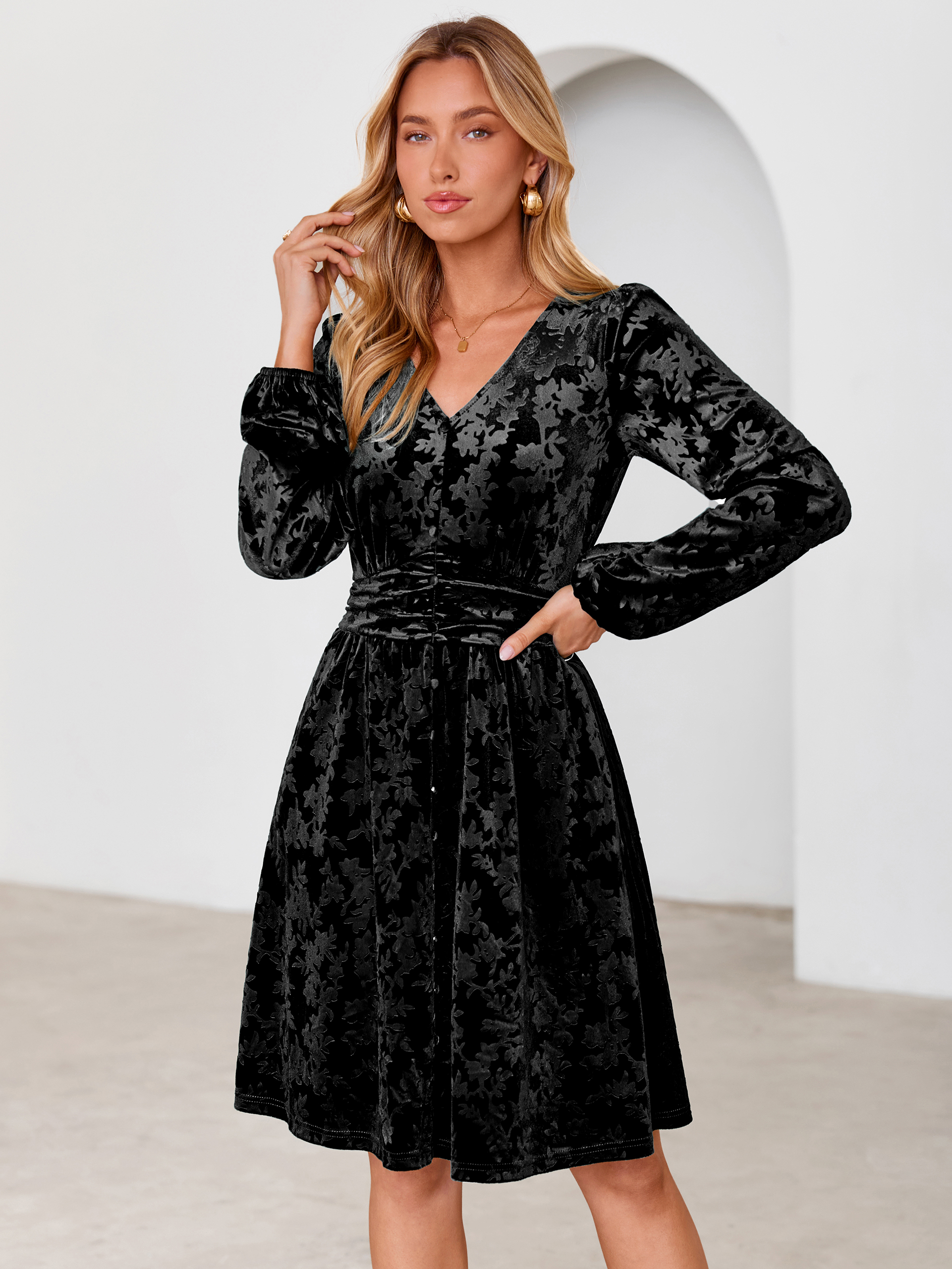 Gorgeous Burnout Velvet Long Sleeve A-Line Mini Dress