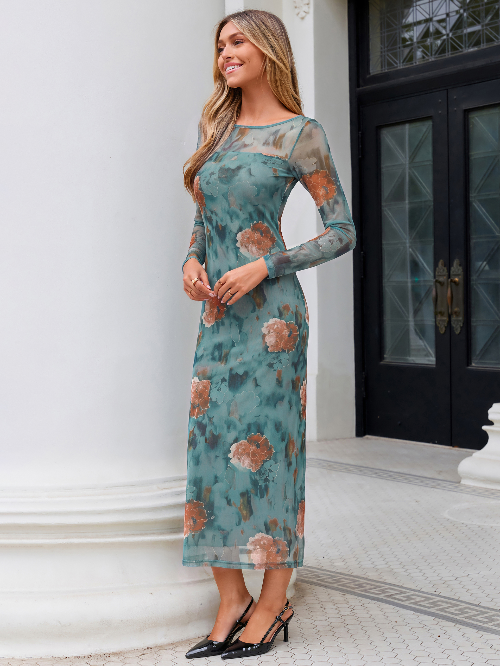 Floral Print Mesh Long Sleeve Bodycon Maxi Dress