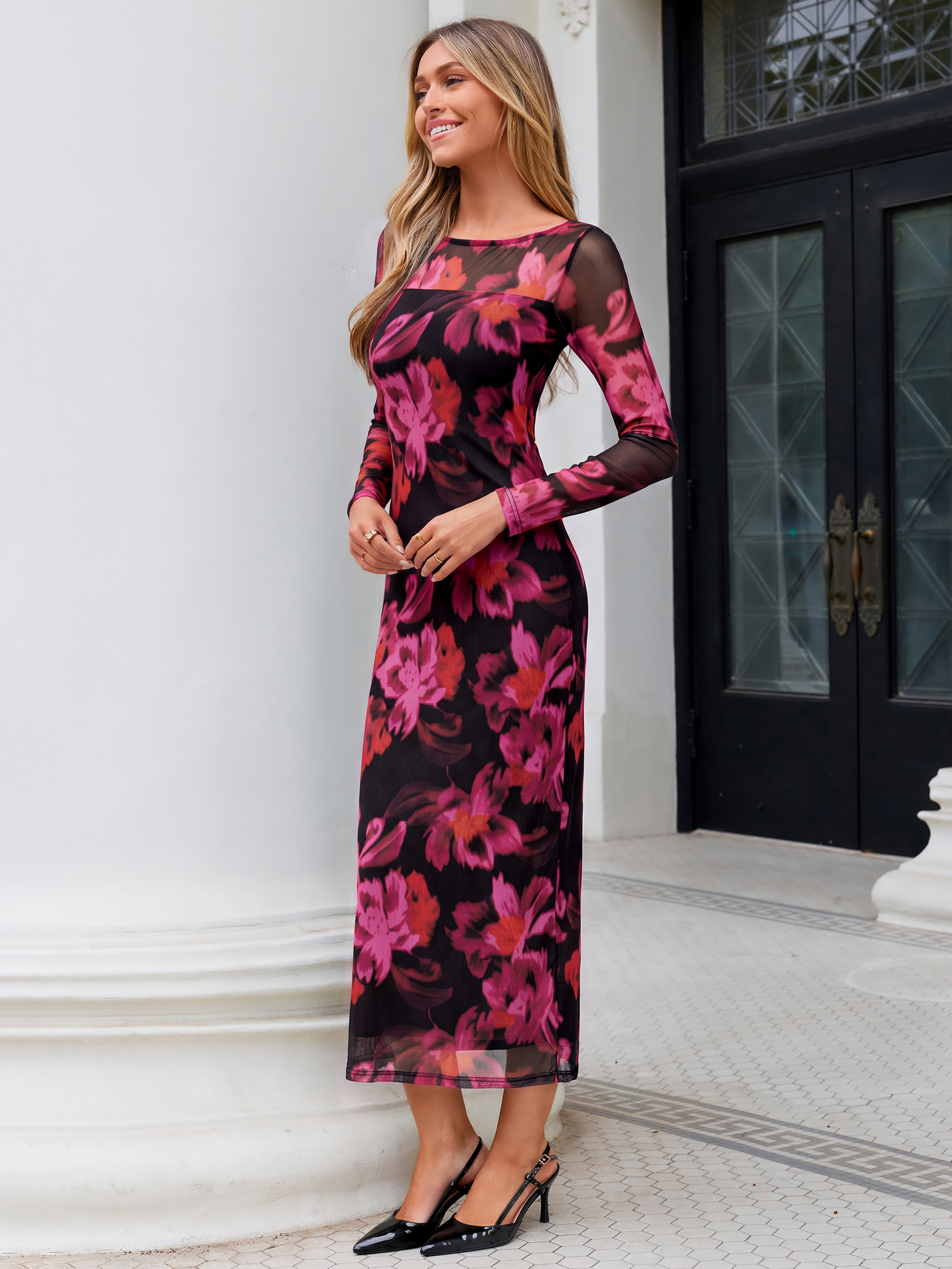 Floral Print Mesh Long Sleeve Bodycon Maxi Dress