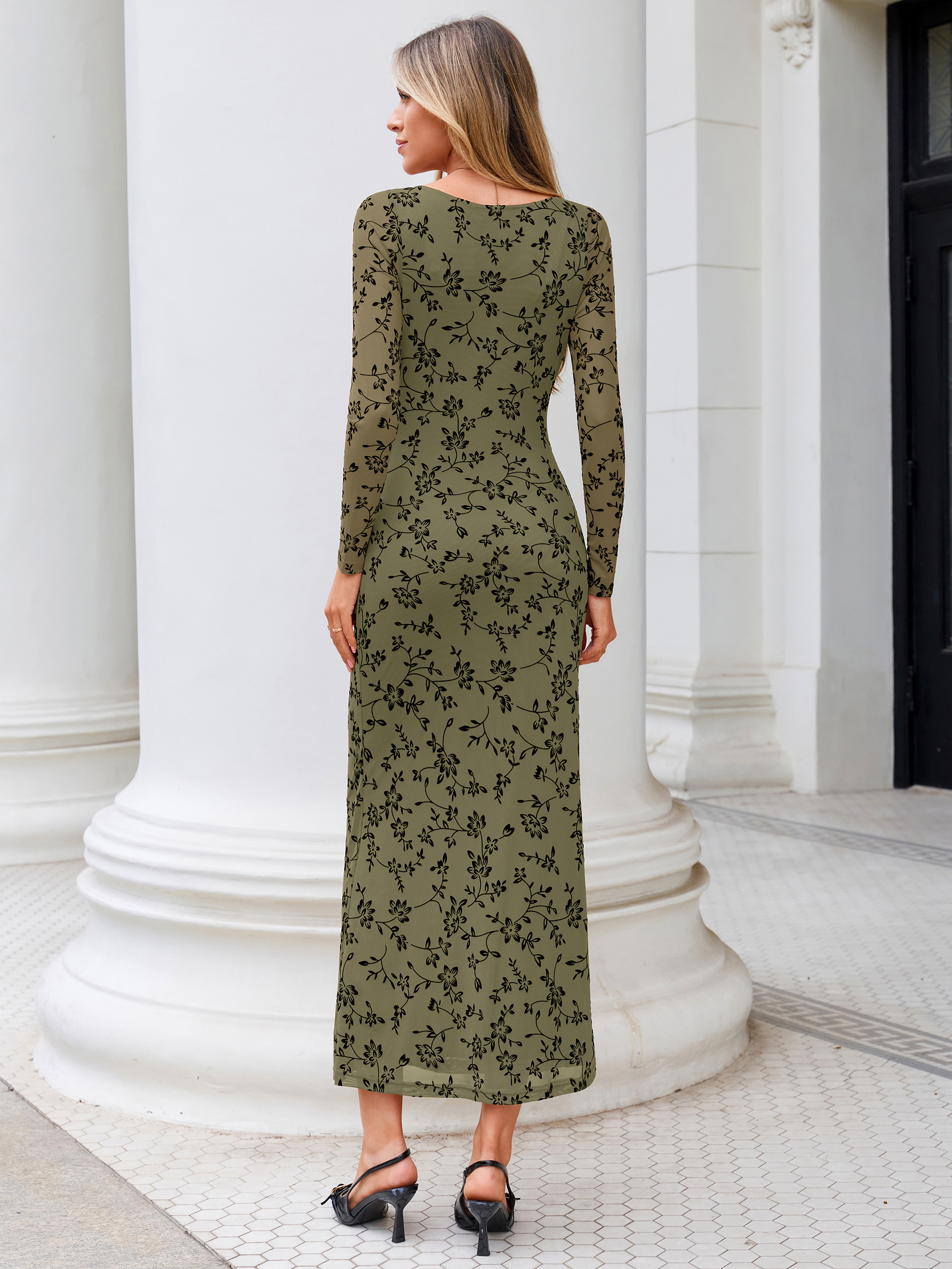 Floral Jacquard Mesh Cowl Neck Bodycon Maxi Dress