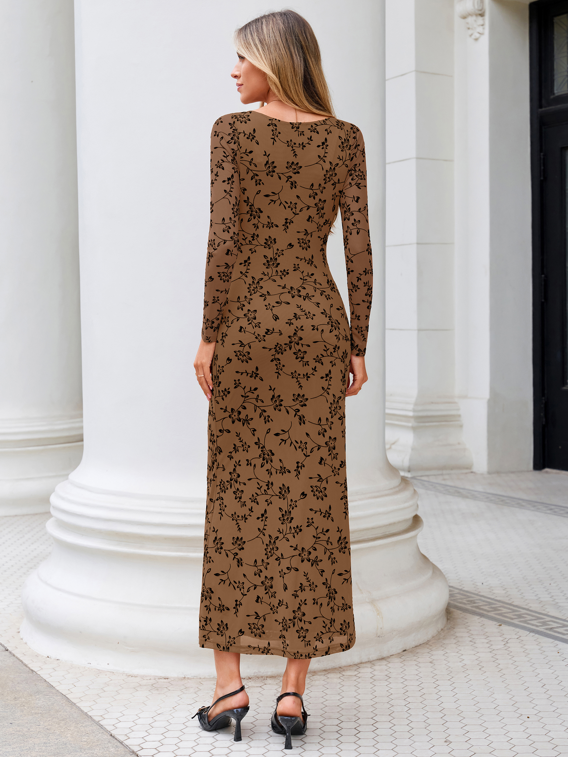 Floral Jacquard Mesh Cowl Neck Bodycon Maxi Dress