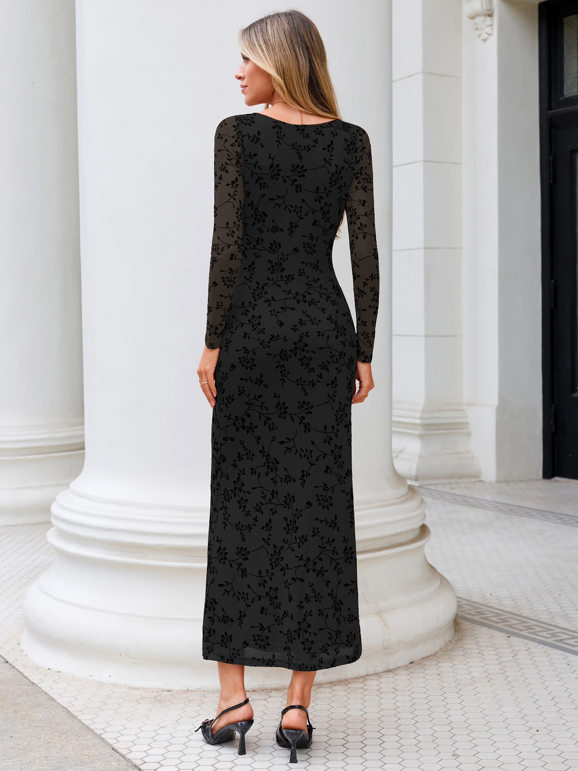 Floral Jacquard Mesh Cowl Neck Bodycon Maxi Dress