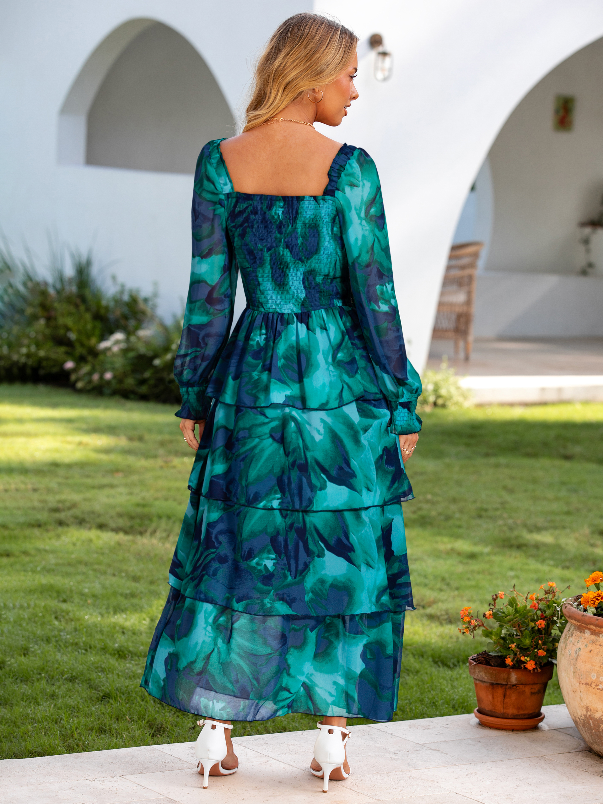 Floral Chiffon Tiered Smocked Wedding Guest Dress