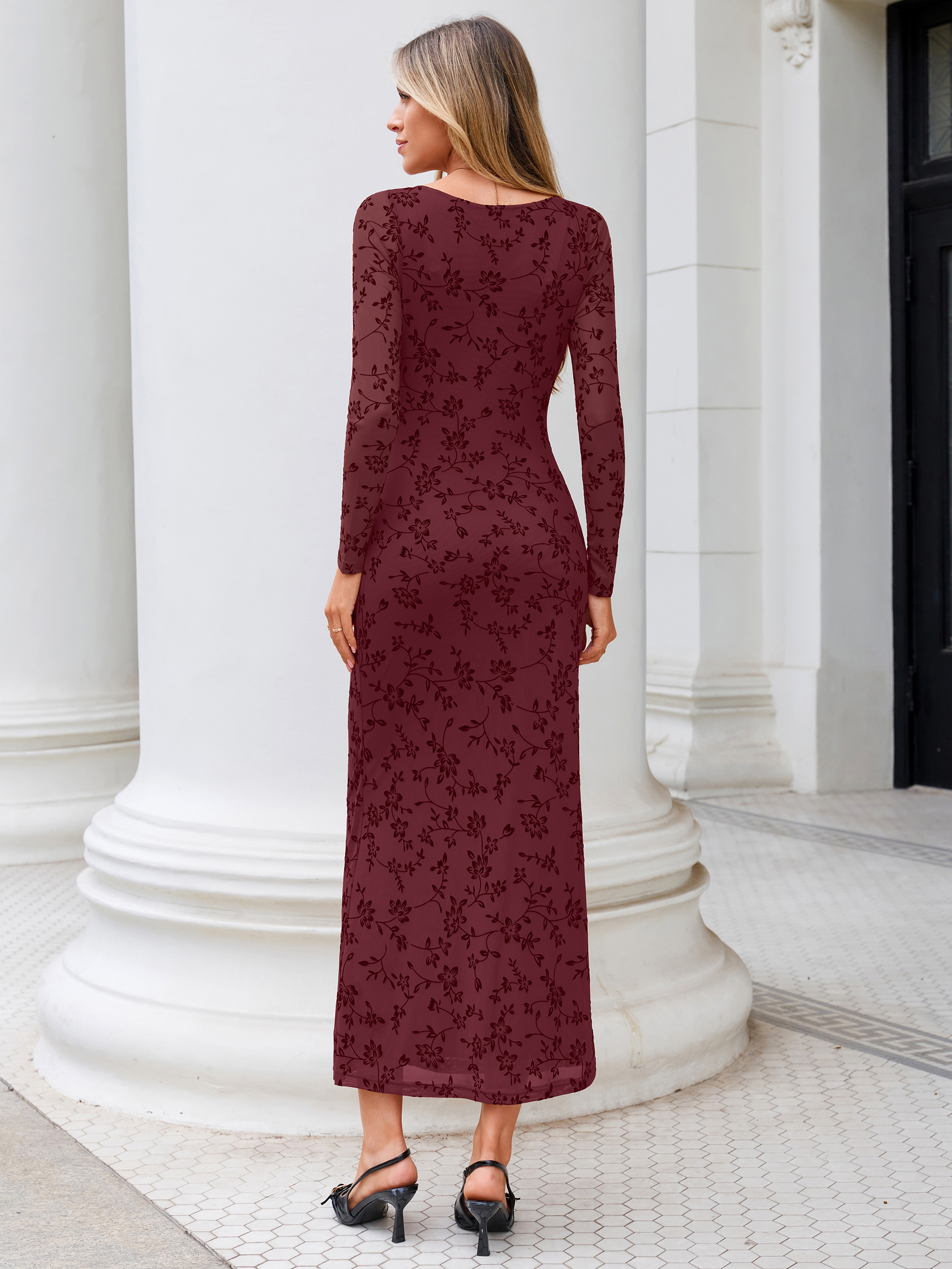 Floral Jacquard Mesh Cowl Neck Bodycon Maxi Dress