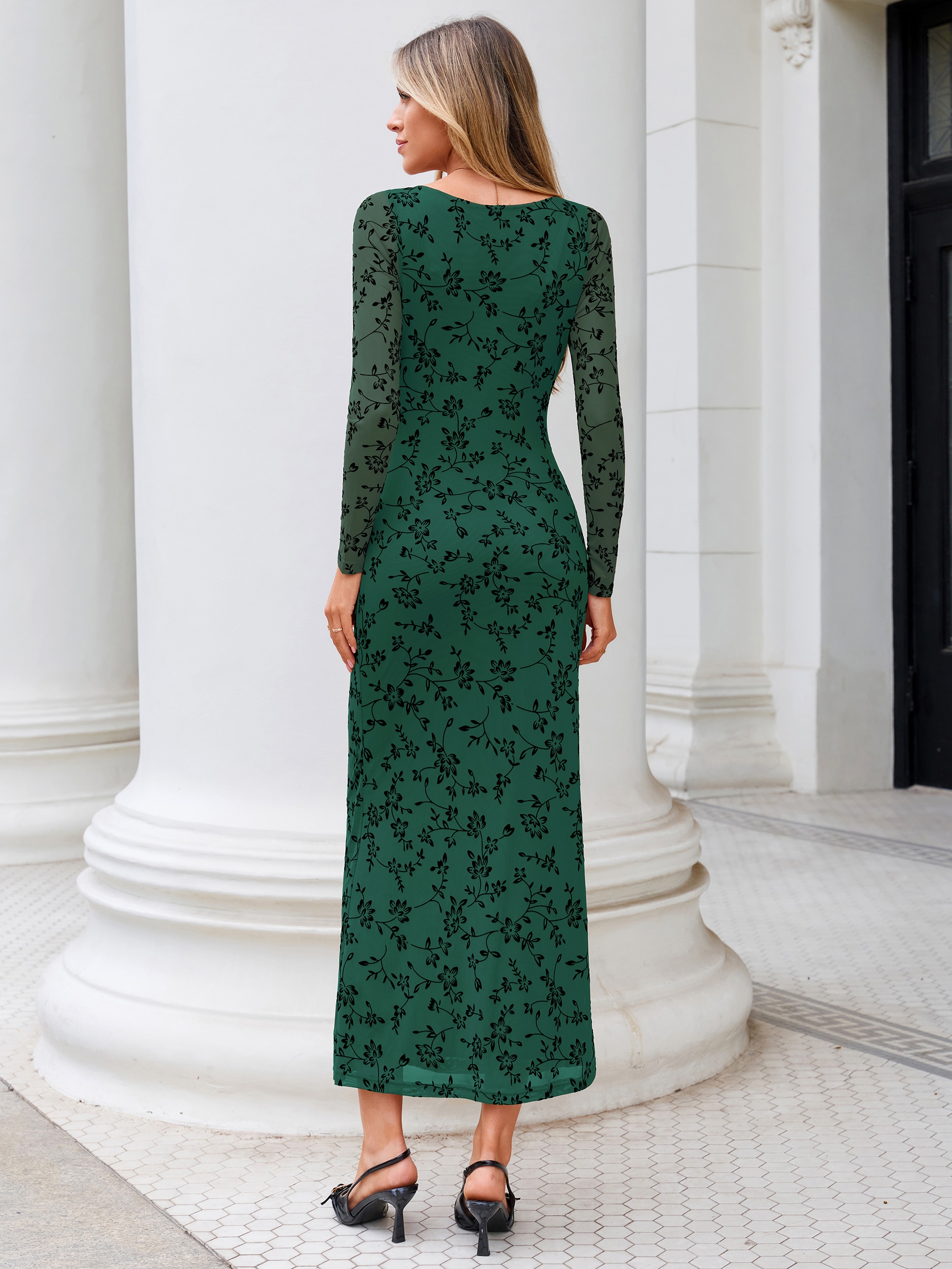 Floral Jacquard Mesh Cowl Neck Bodycon Maxi Dress