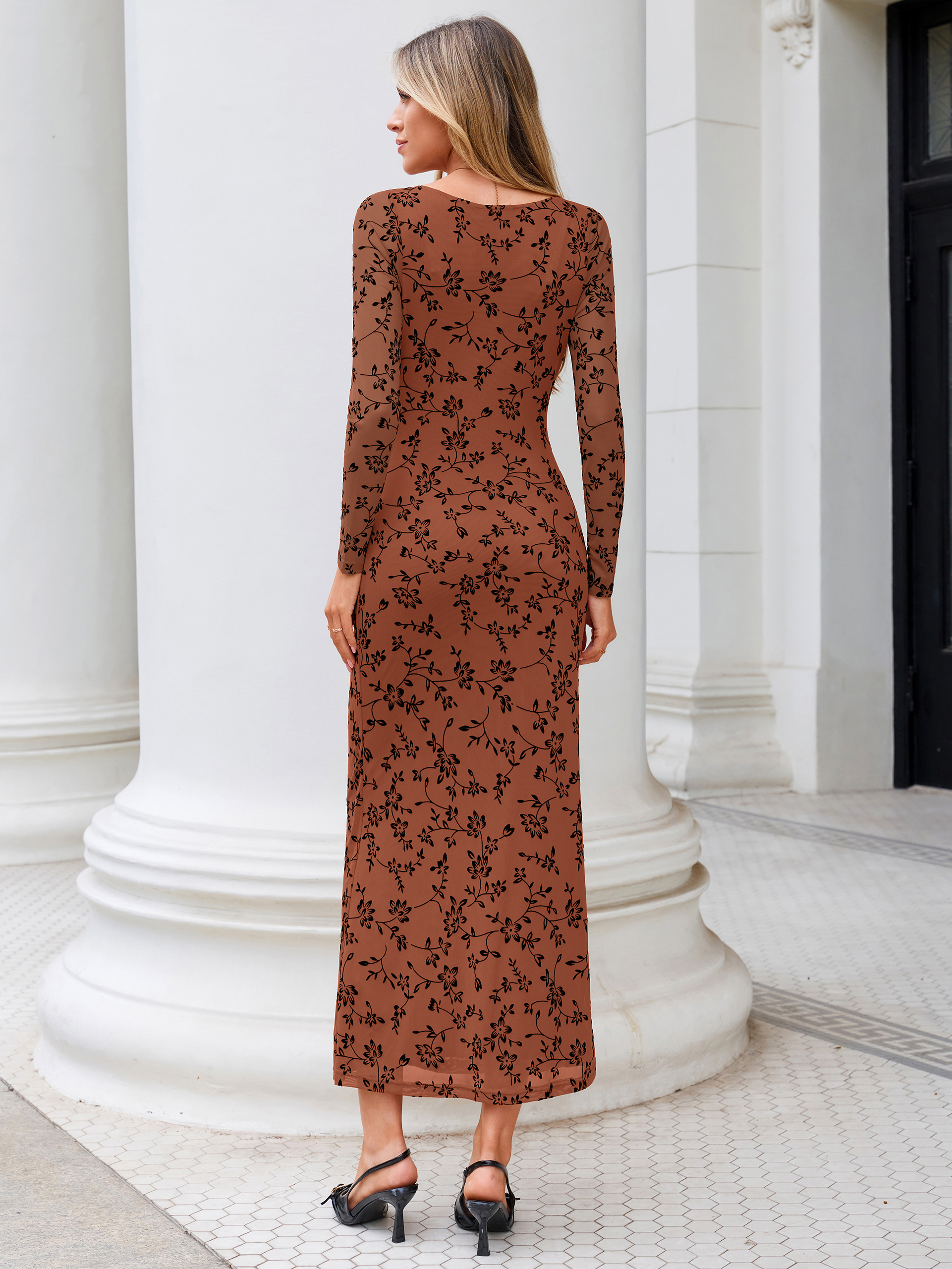 Floral Jacquard Mesh Cowl Neck Bodycon Maxi Dress