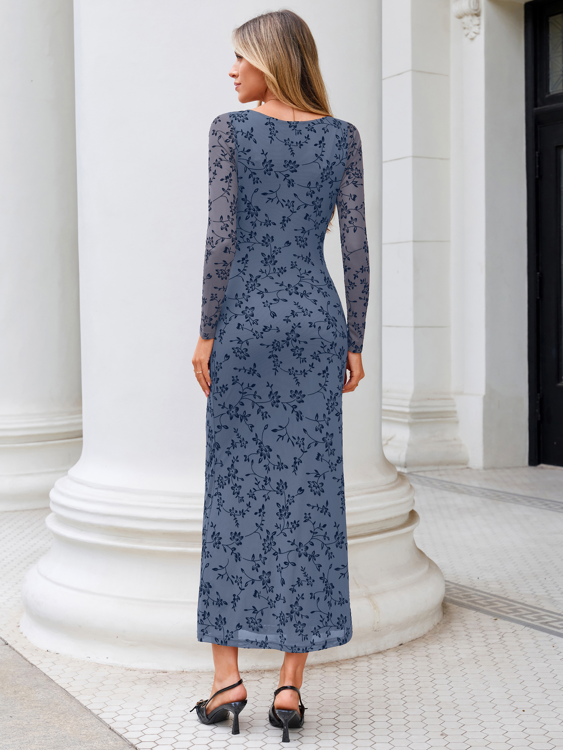 Floral Jacquard Mesh Cowl Neck Bodycon Maxi Dress