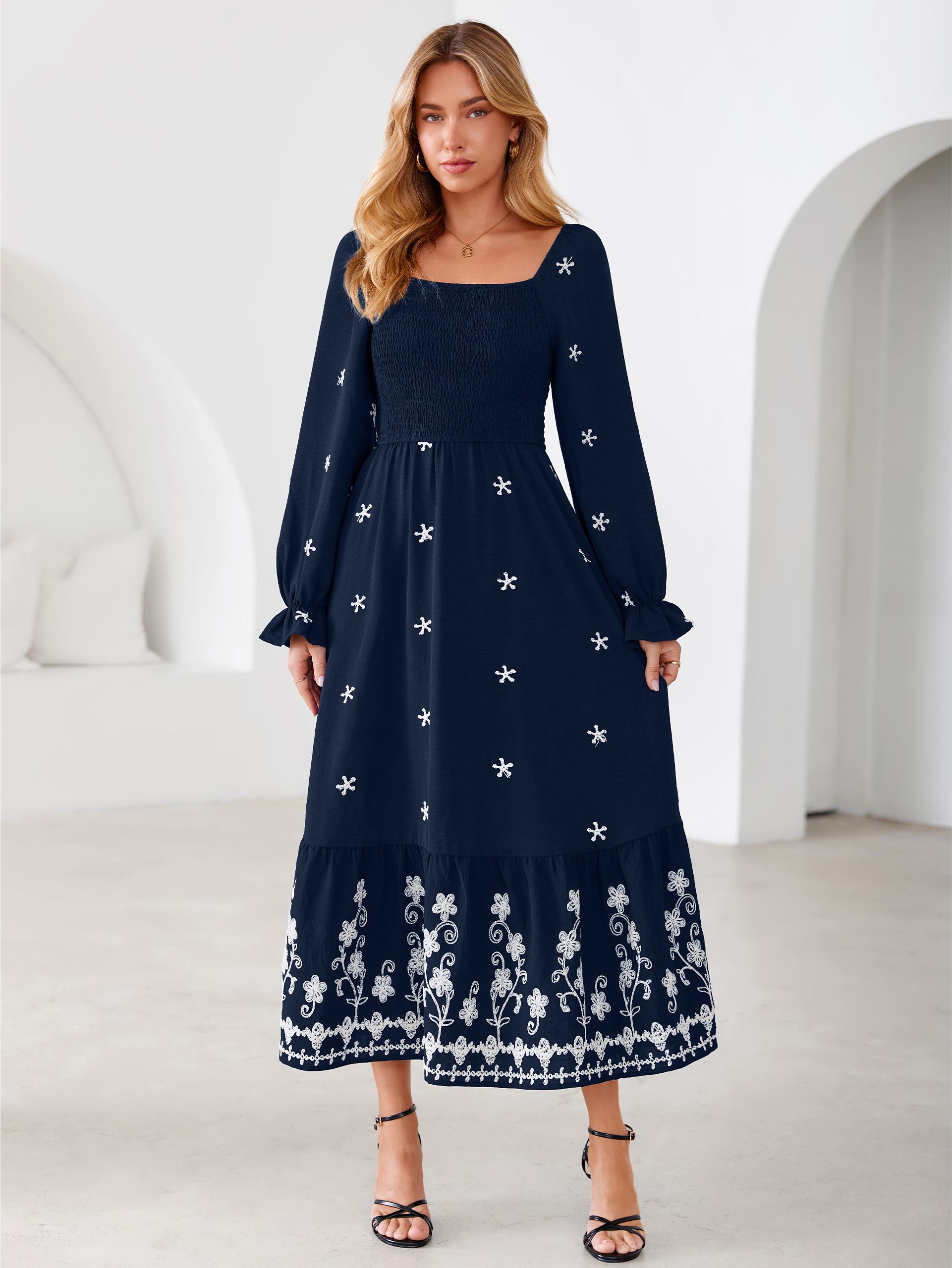 Boho Square Neck Floral Embroidered Maxi Dress - Navy Blue