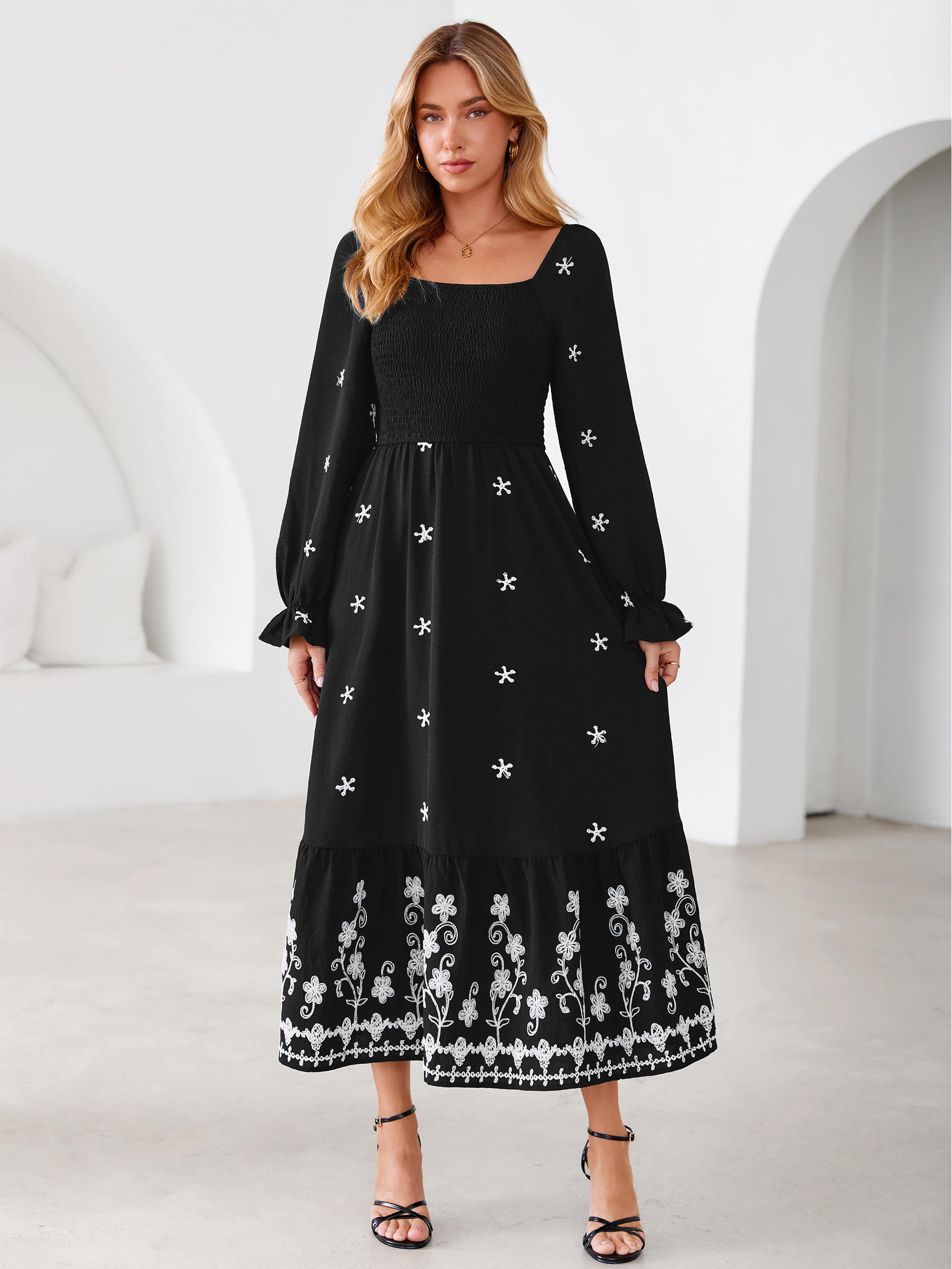 Boho Square Neck Floral Embroidered Maxi Dress - Black