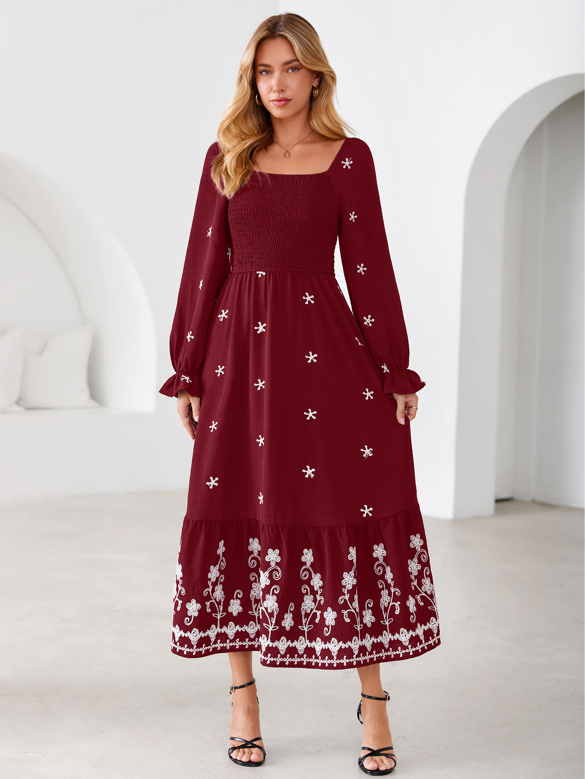 Boho Square Neck Floral Embroidered Maxi Dress - Burgundy