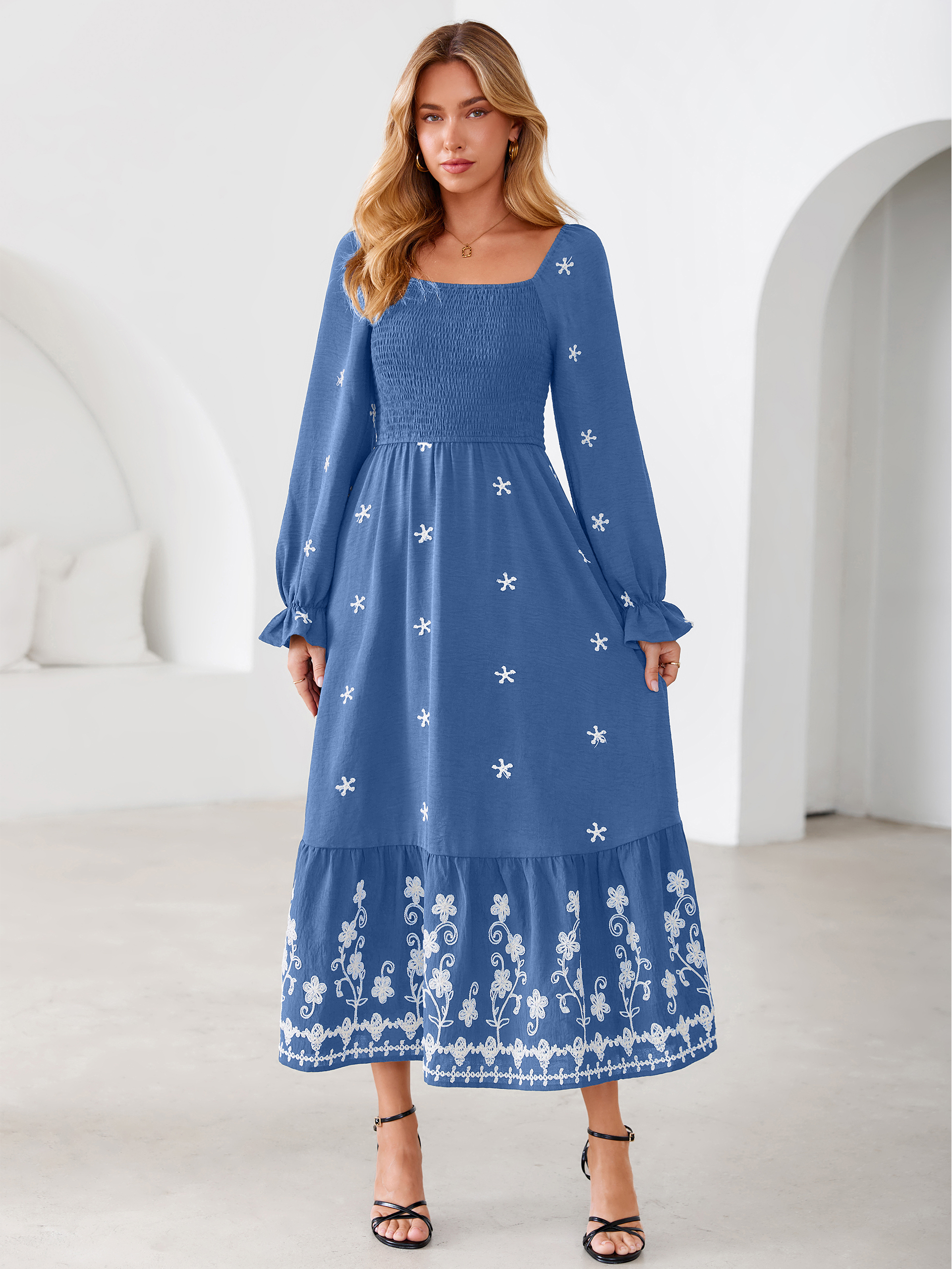 Boho Square Neck Floral Embroidered Maxi Dress - Blue