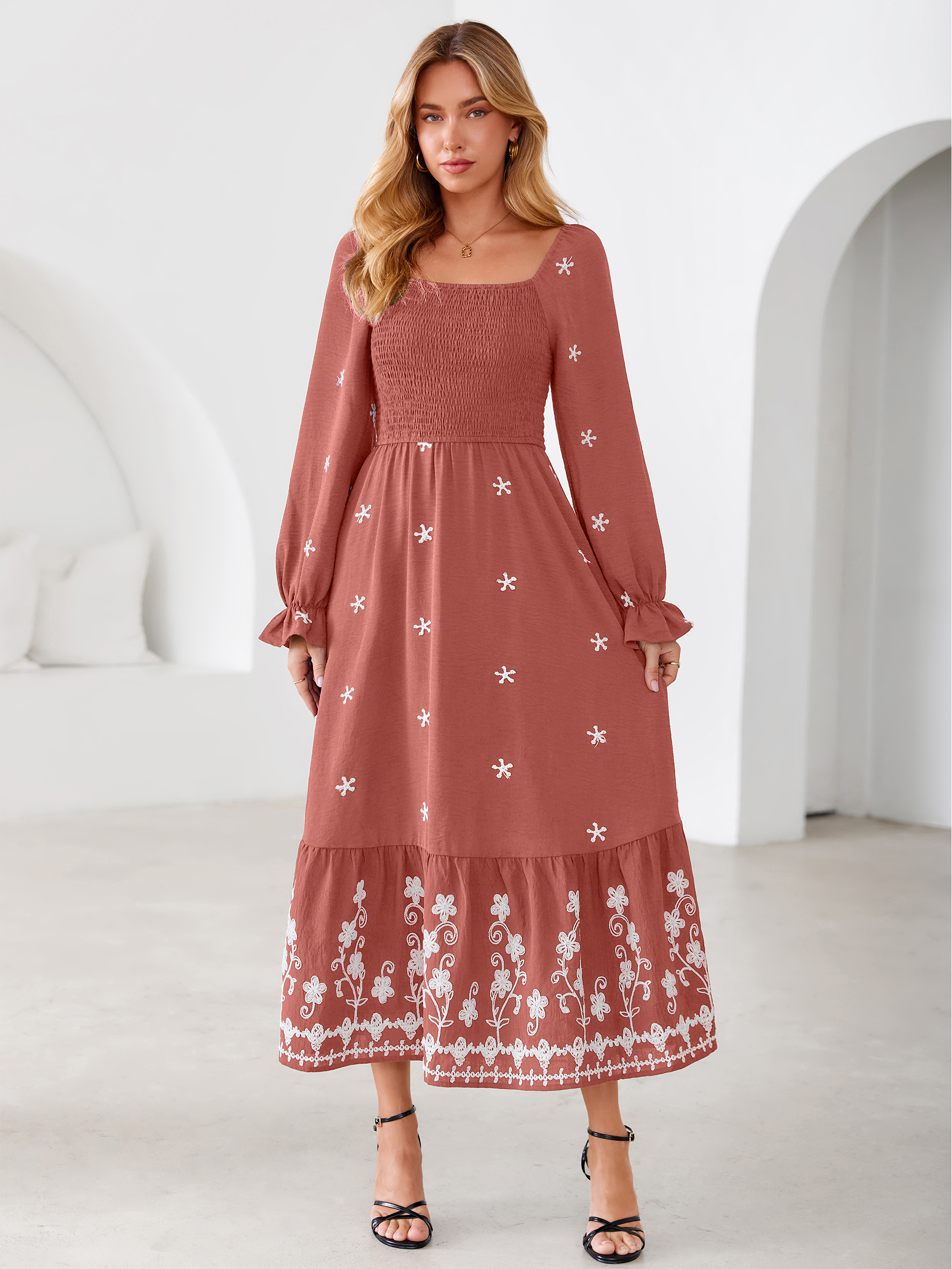 Boho Square Neck Floral Embroidered Maxi Dress - Rust Red