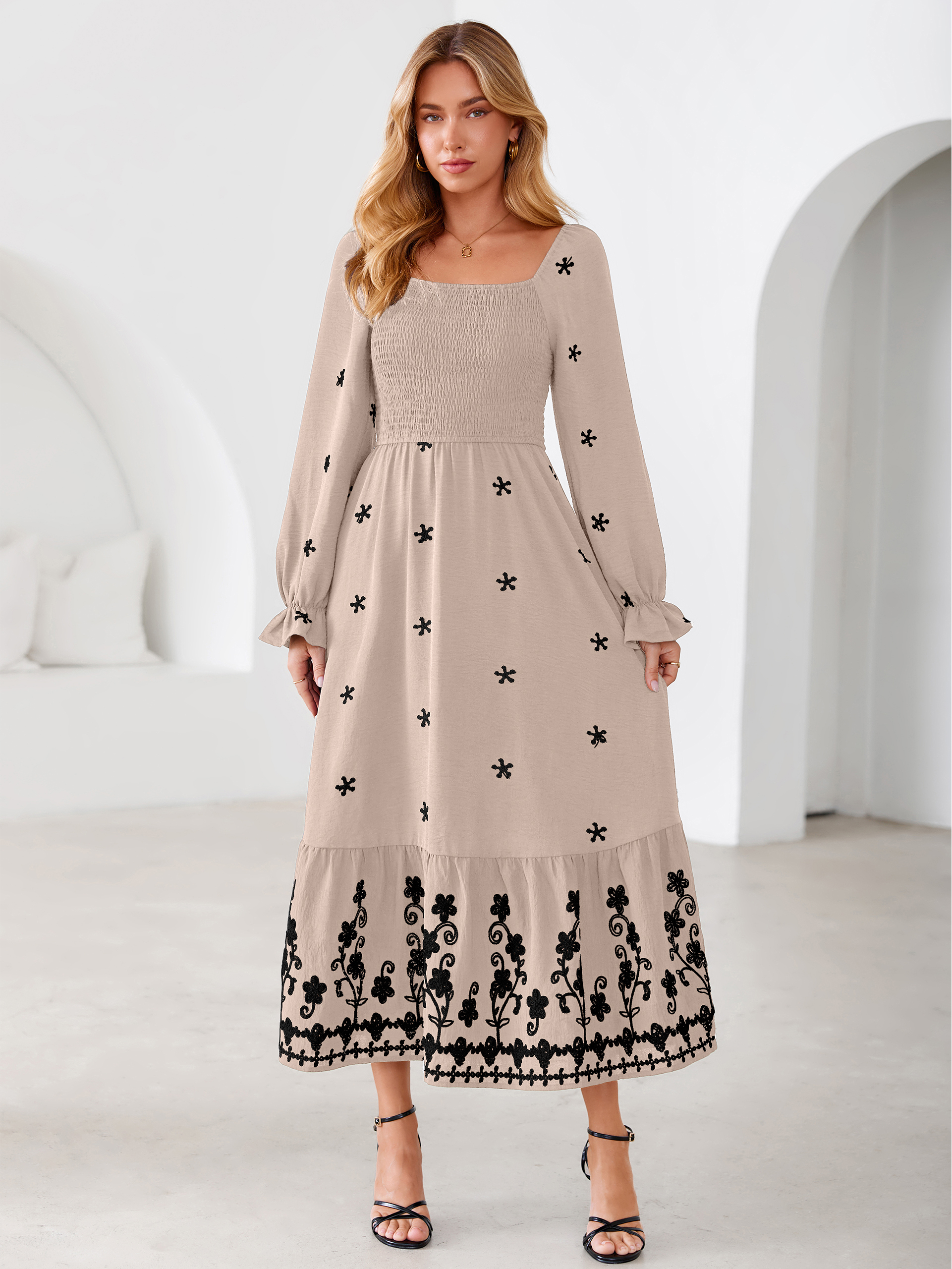 Boho Square Neck Floral Embroidered Maxi Dress - Beige