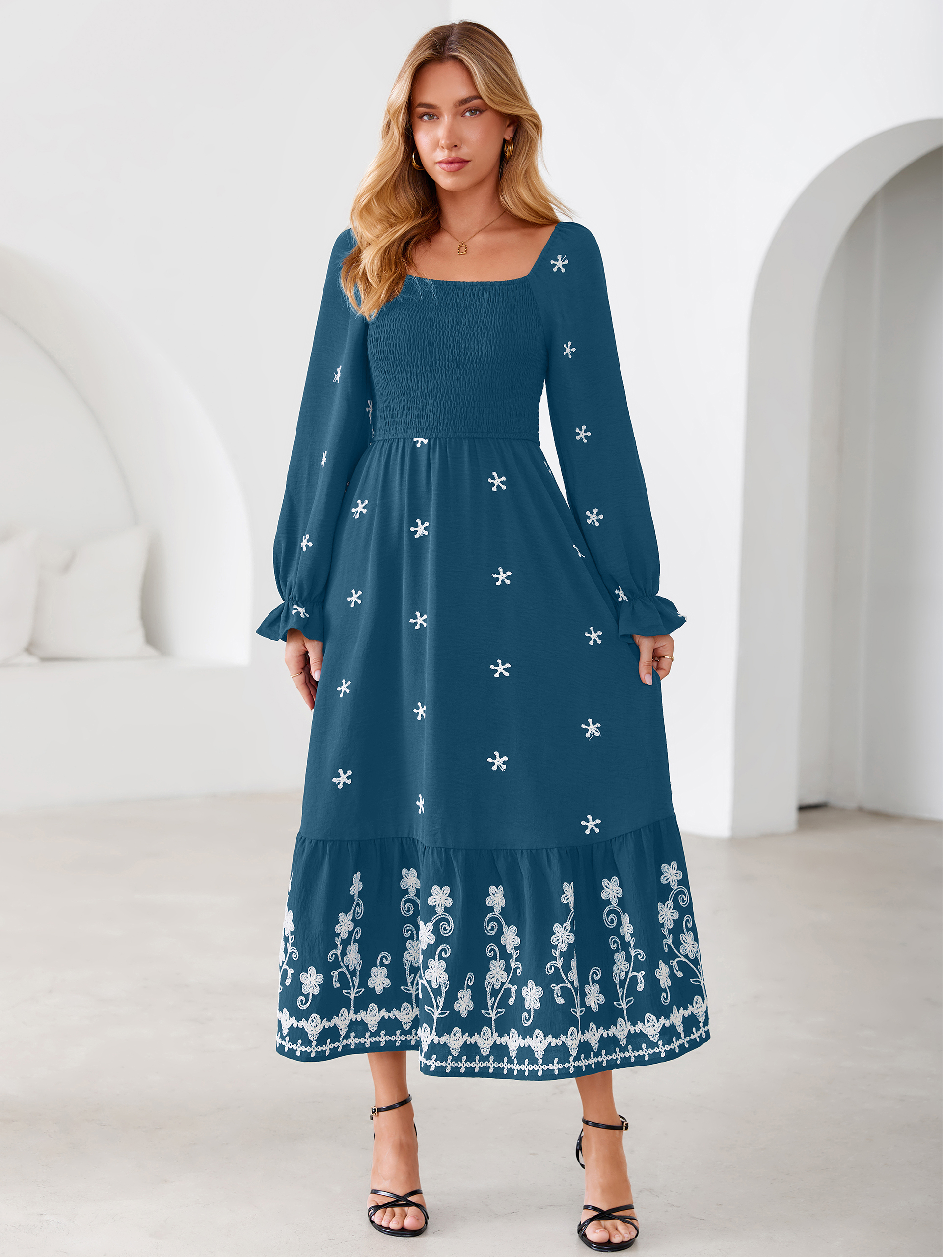 Boho Square Neck Floral Embroidered Maxi Dress - Ink Blue