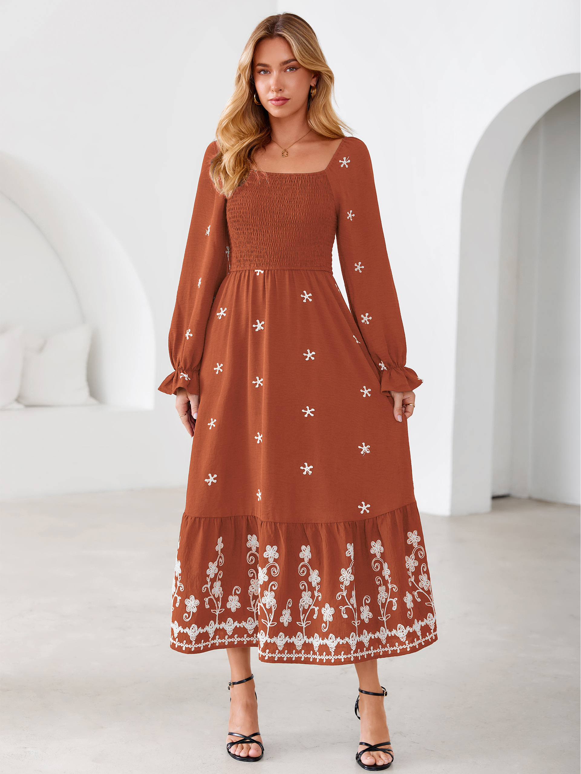 Boho Square Neck Floral Embroidered Maxi Dress - Burnt Orange