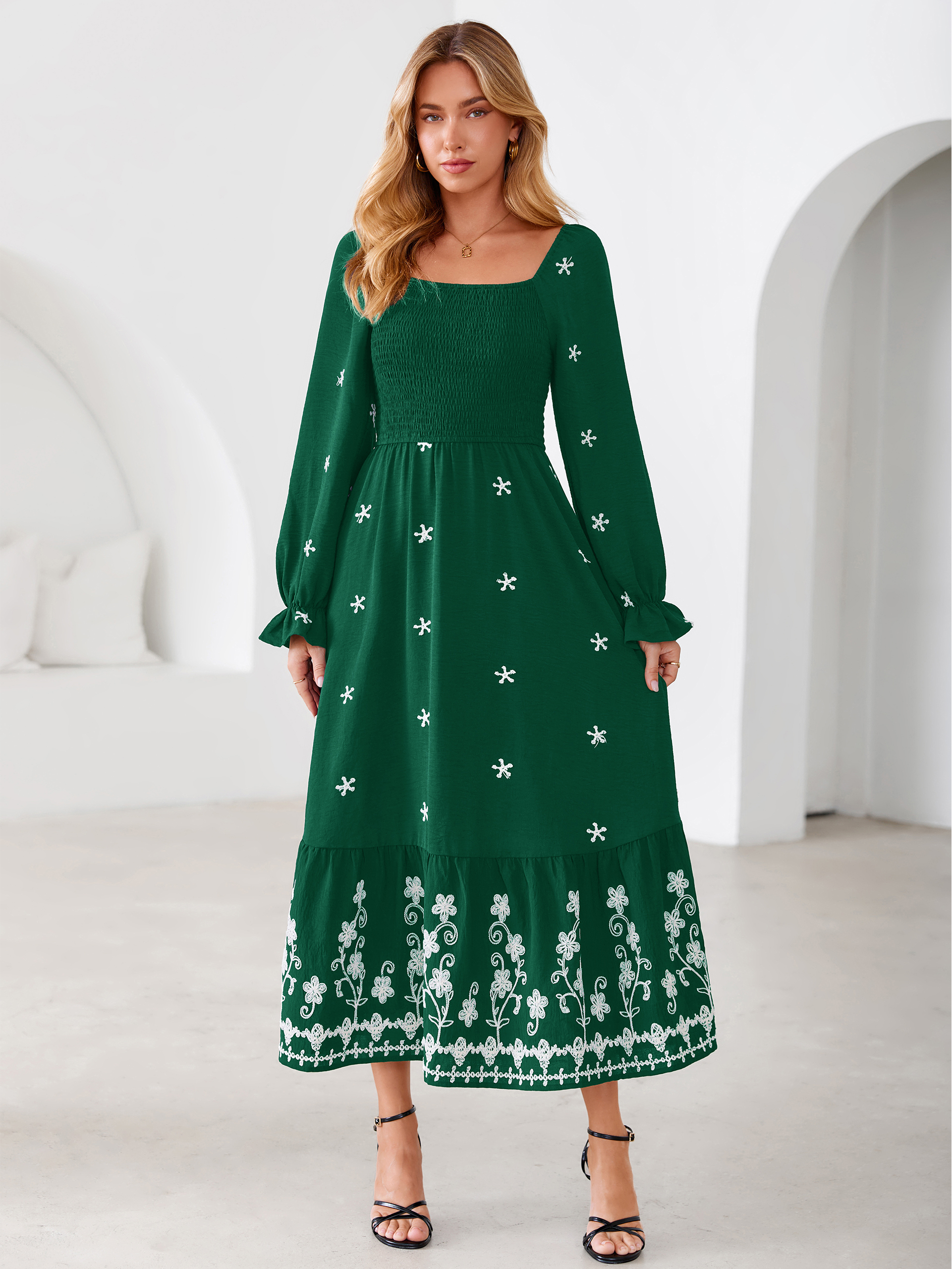 Boho Square Neck Floral Embroidered Maxi Dress - Dark Green
