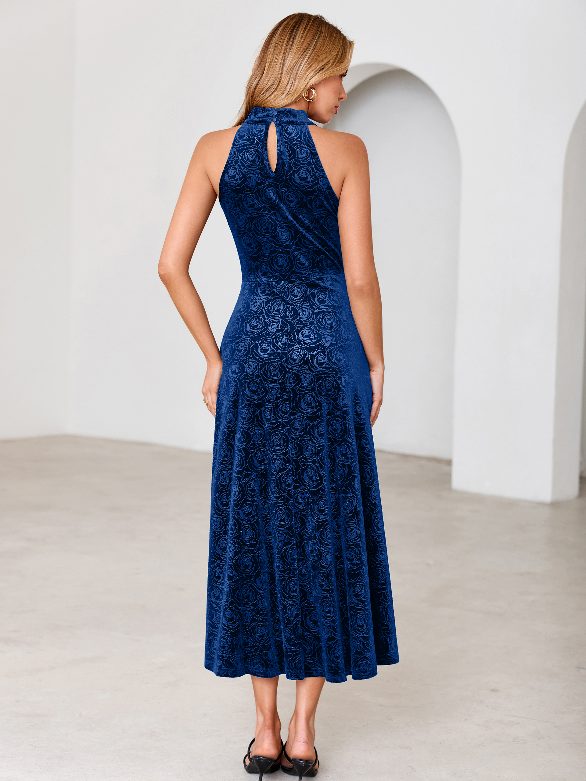 Luxurious Halter Neck Embossed Velvet Maxi Dress