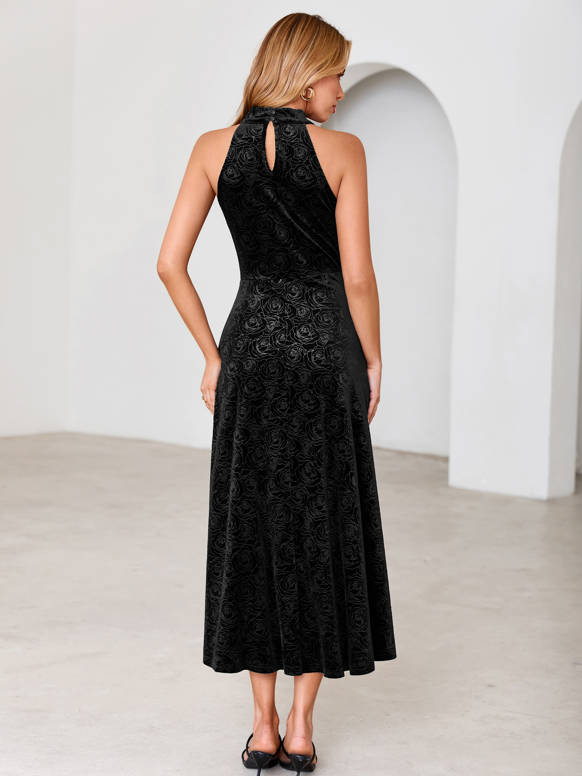 Luxurious Halter Neck Embossed Velvet Maxi Dress