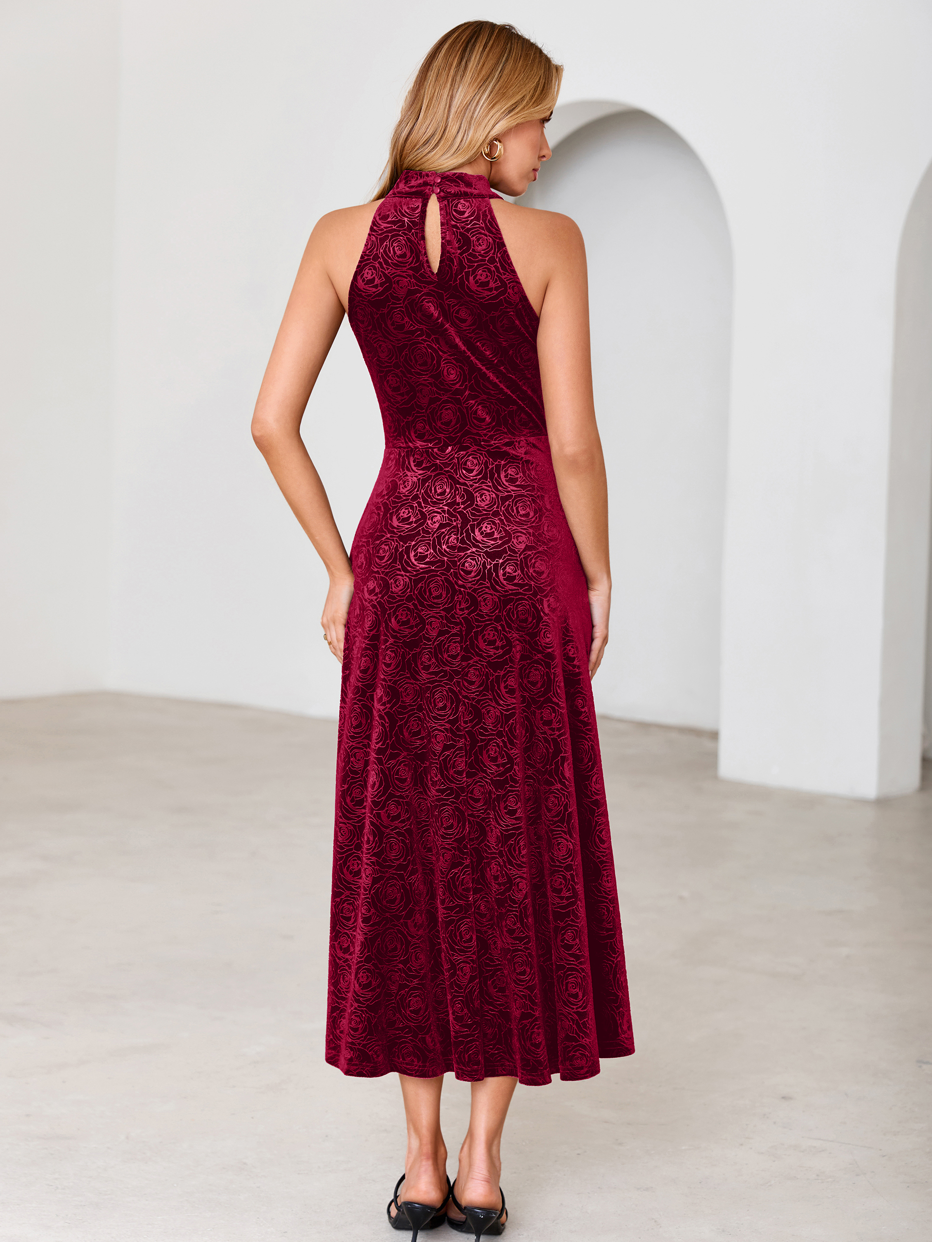 Luxurious Halter Neck Embossed Velvet Maxi Dress
