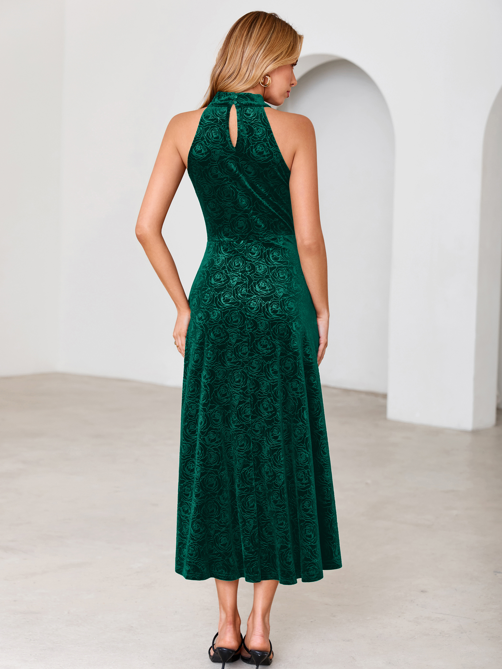 Luxurious Halter Neck Embossed Velvet Maxi Dress