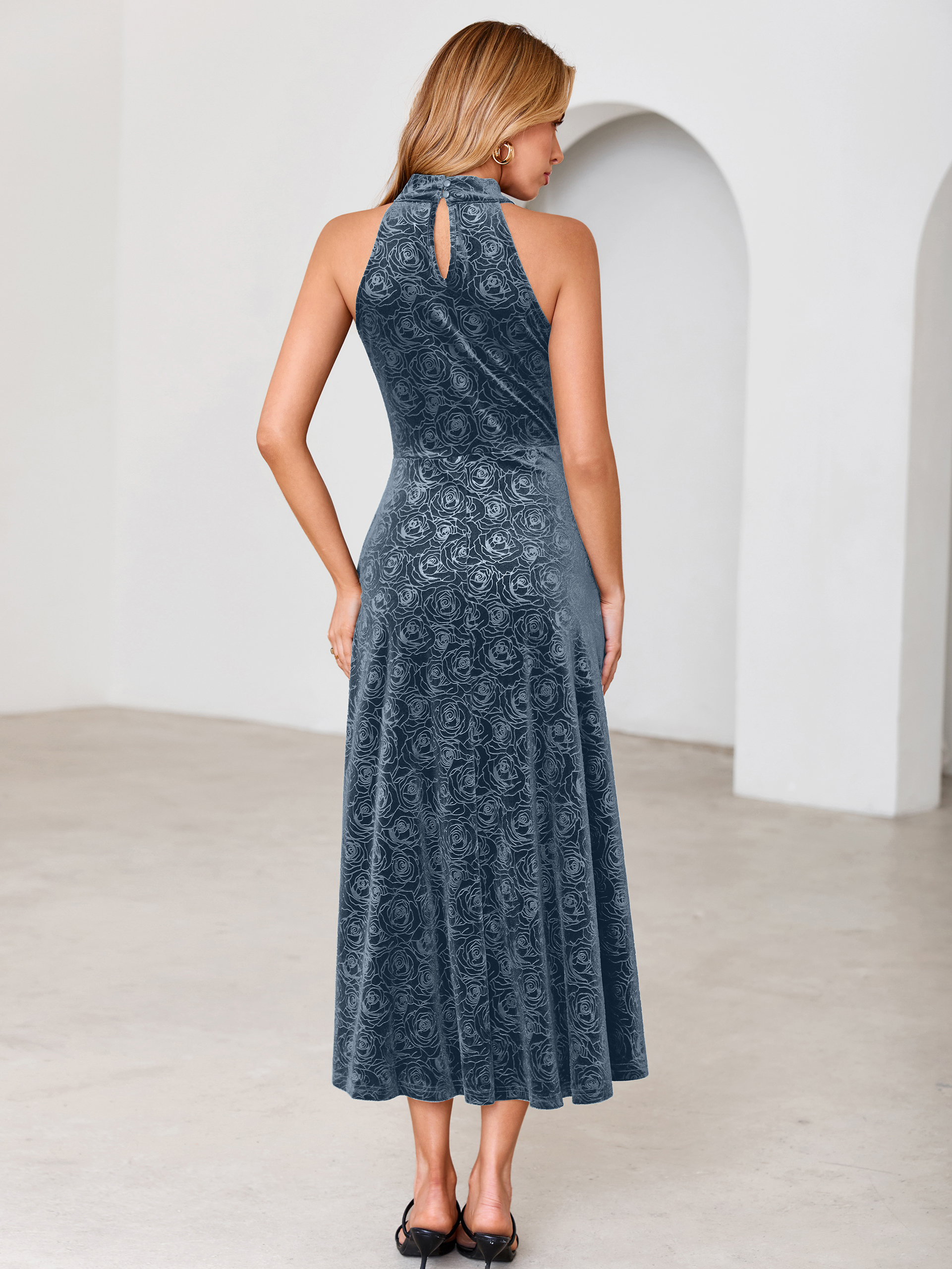 Luxurious Halter Neck Embossed Velvet Maxi Dress