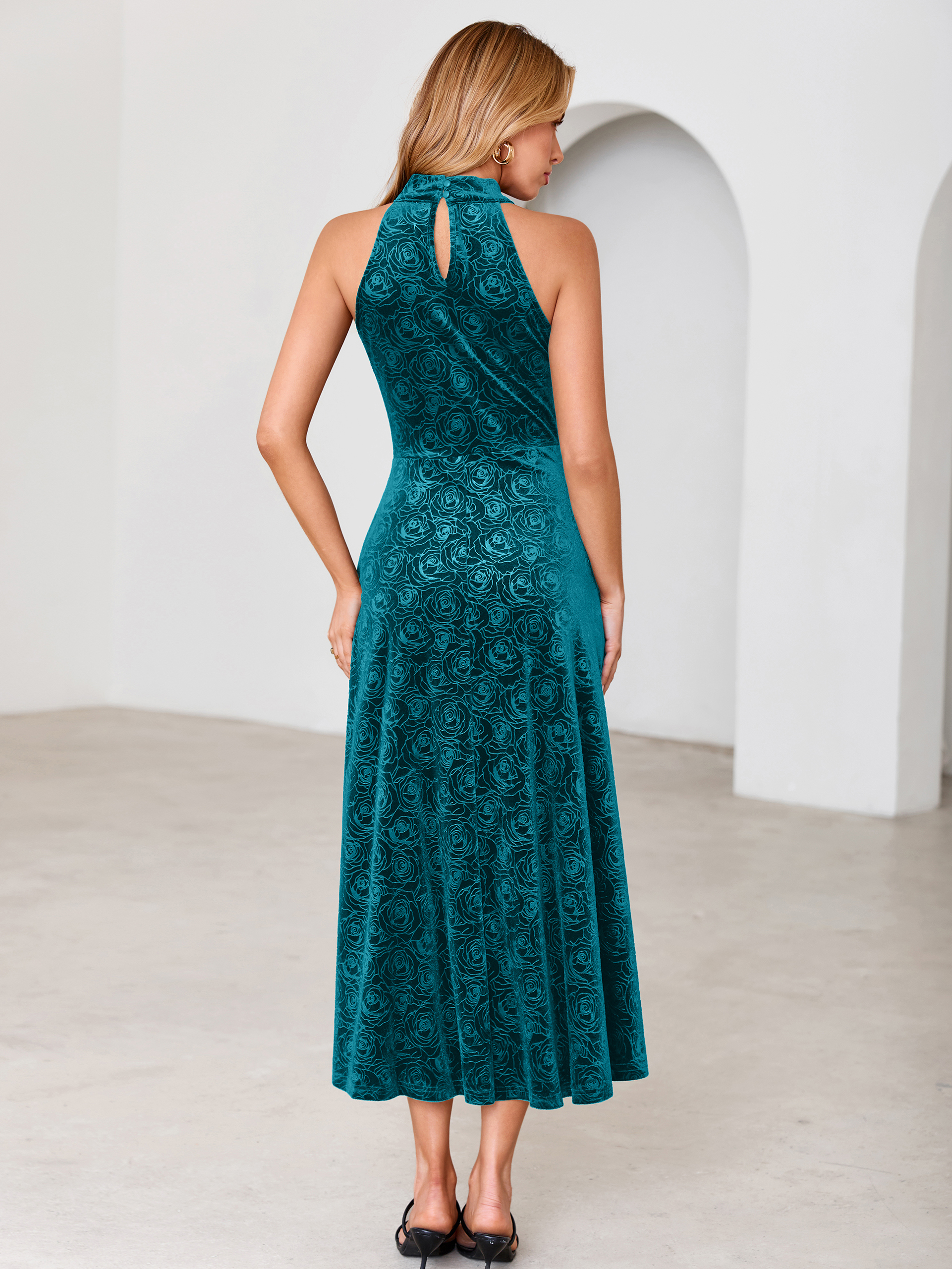 Luxurious Halter Neck Embossed Velvet Maxi Dress
