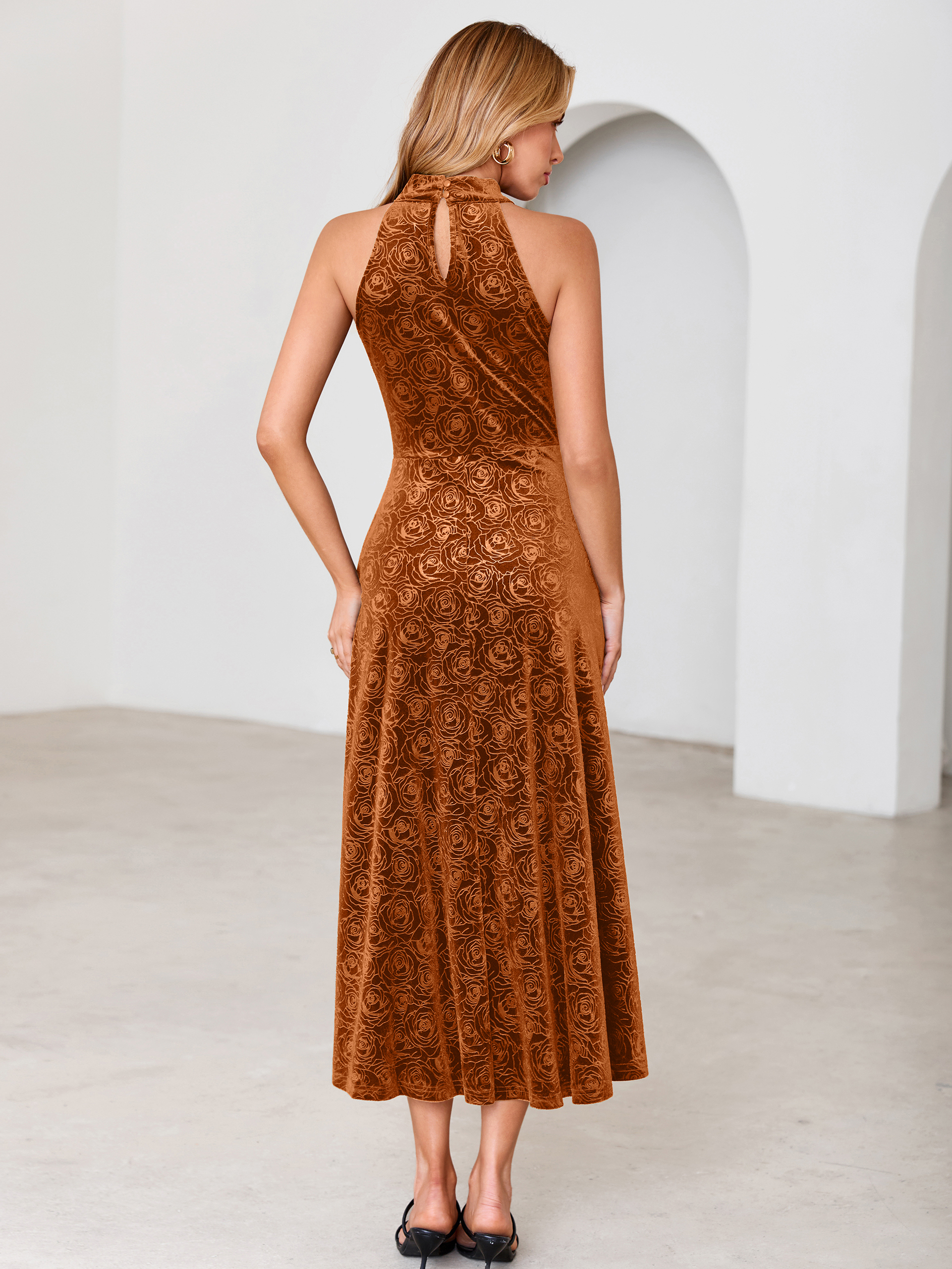 Luxurious Halter Neck Embossed Velvet Maxi Dress