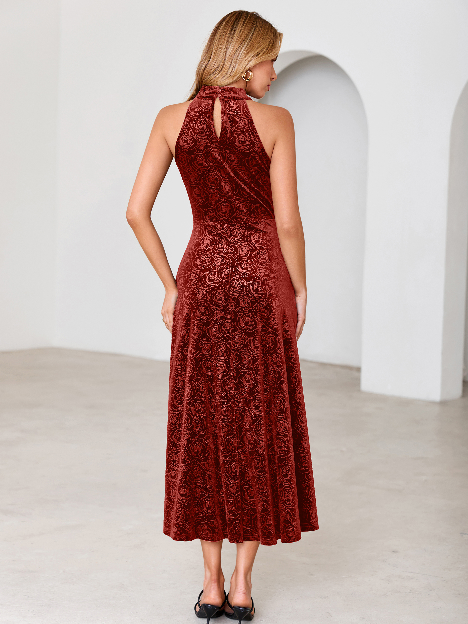 Luxurious Halter Neck Embossed Velvet Maxi Dress