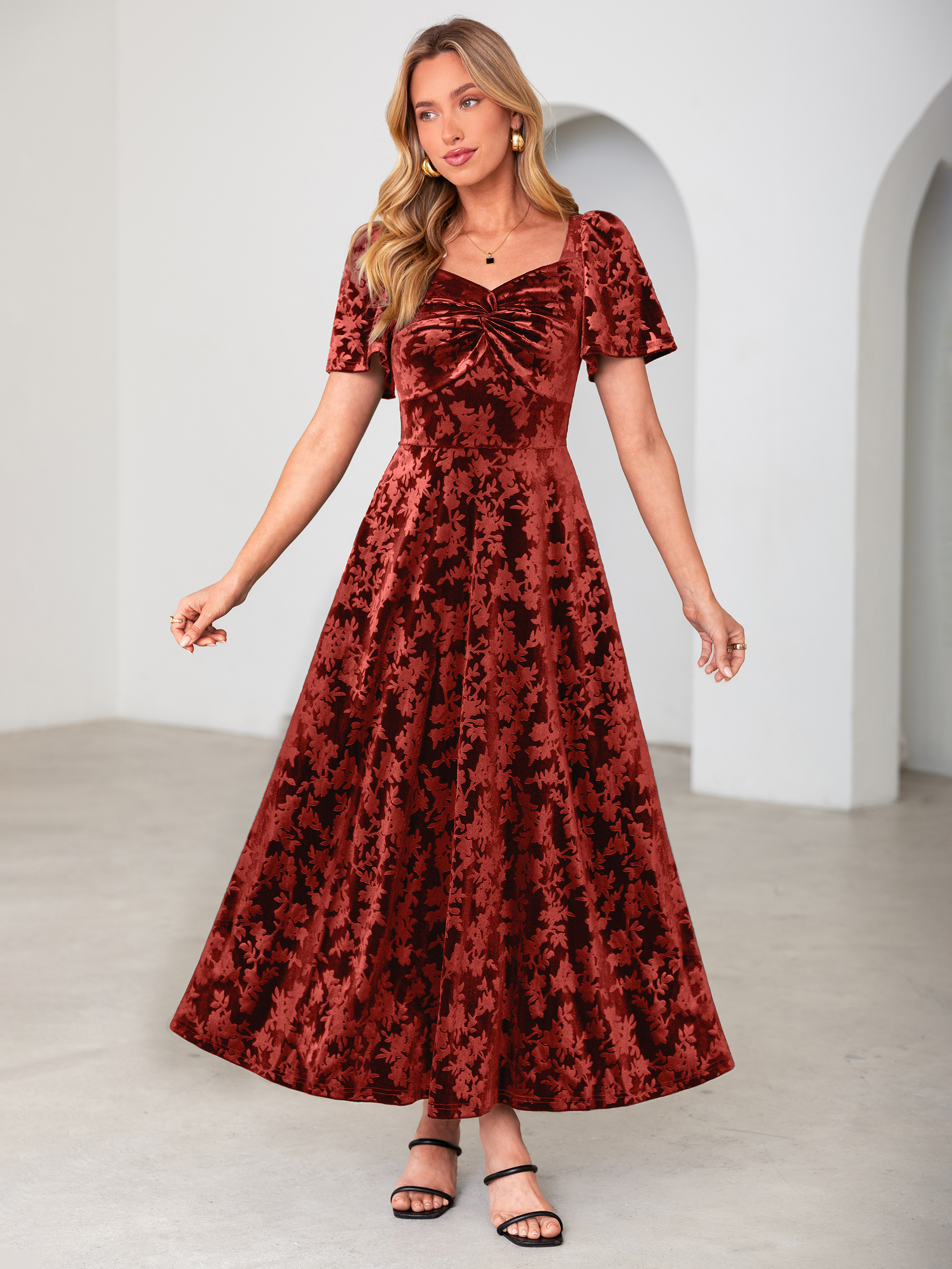 Chic Sweetheart Neck Embossed Velvet Maxi Dress - Orange Red