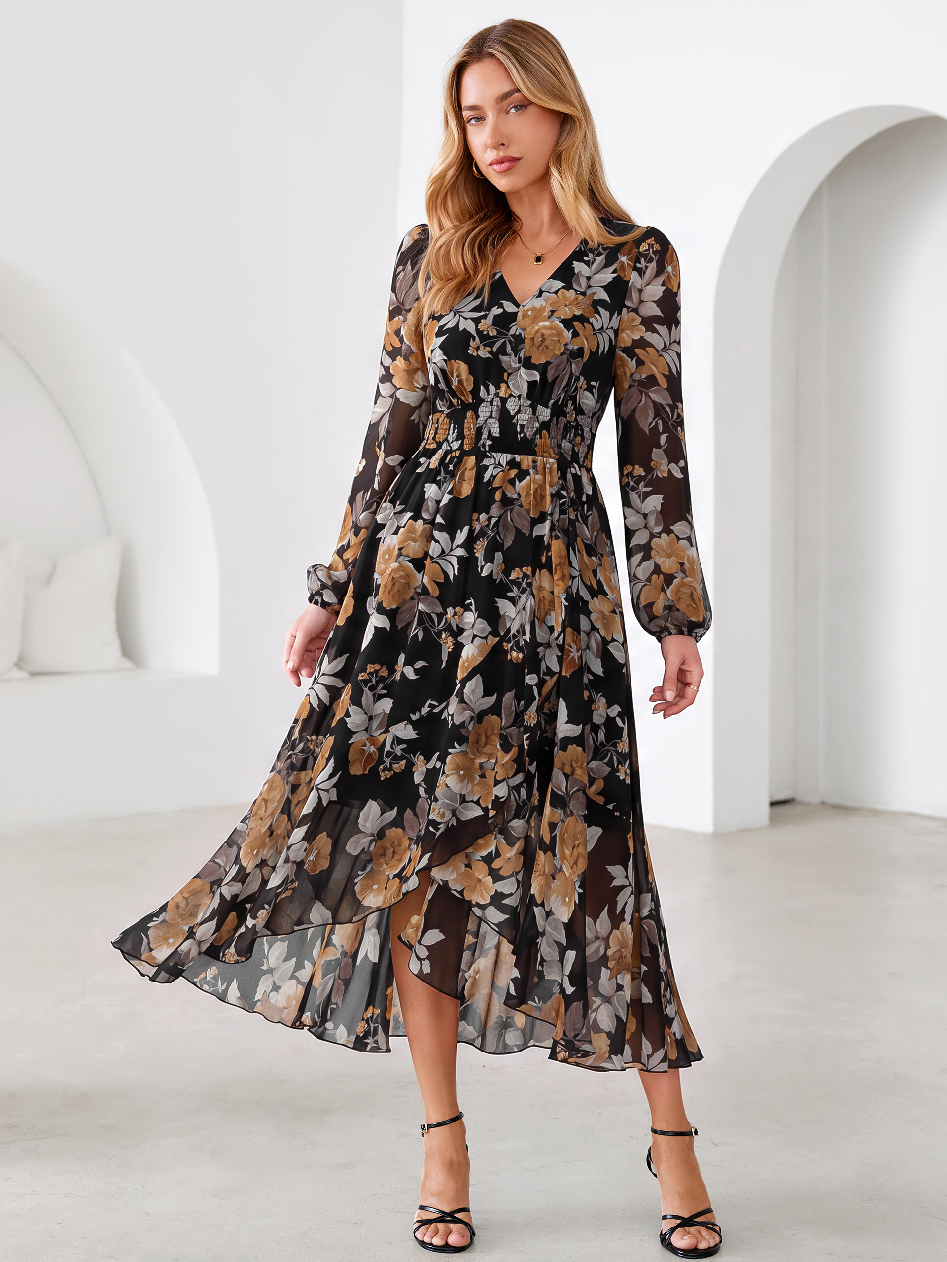 Tulle Floral Print Long Sleeve Asymmetrical Maxi Dress