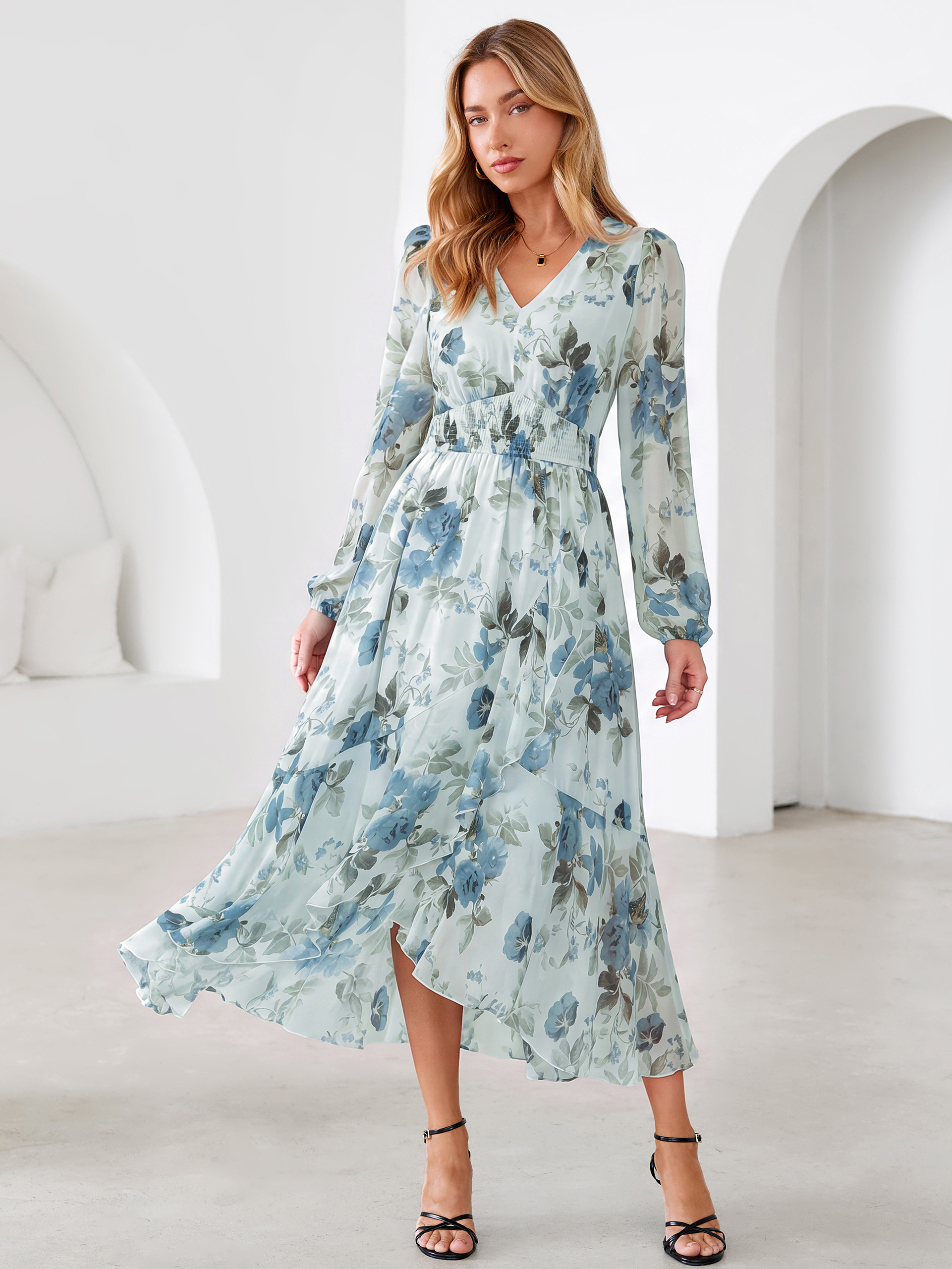 Tulle Floral Print Long Sleeve Asymmetrical Maxi Dress