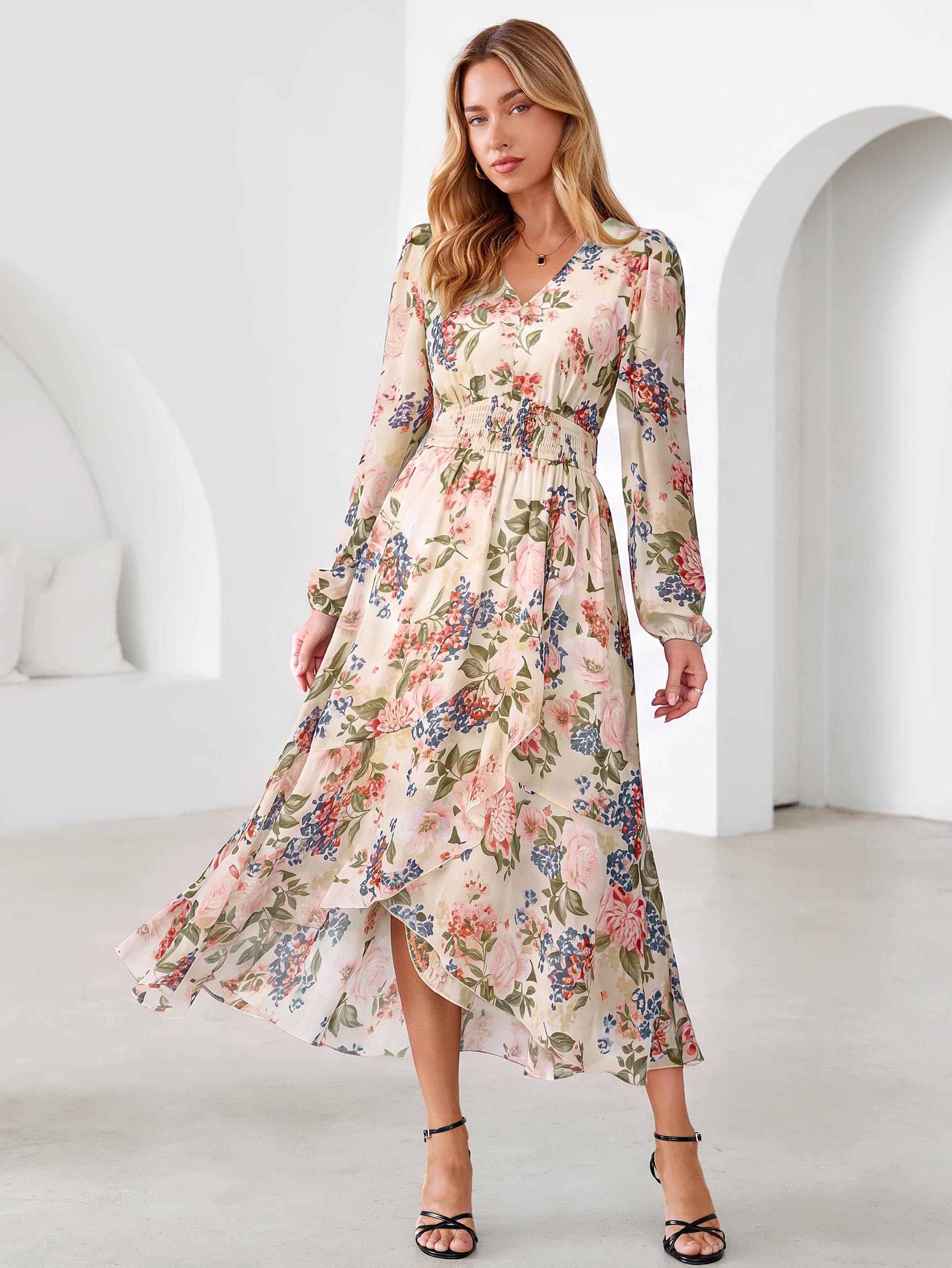 Tulle Floral Print Long Sleeve Asymmetrical Maxi Dress