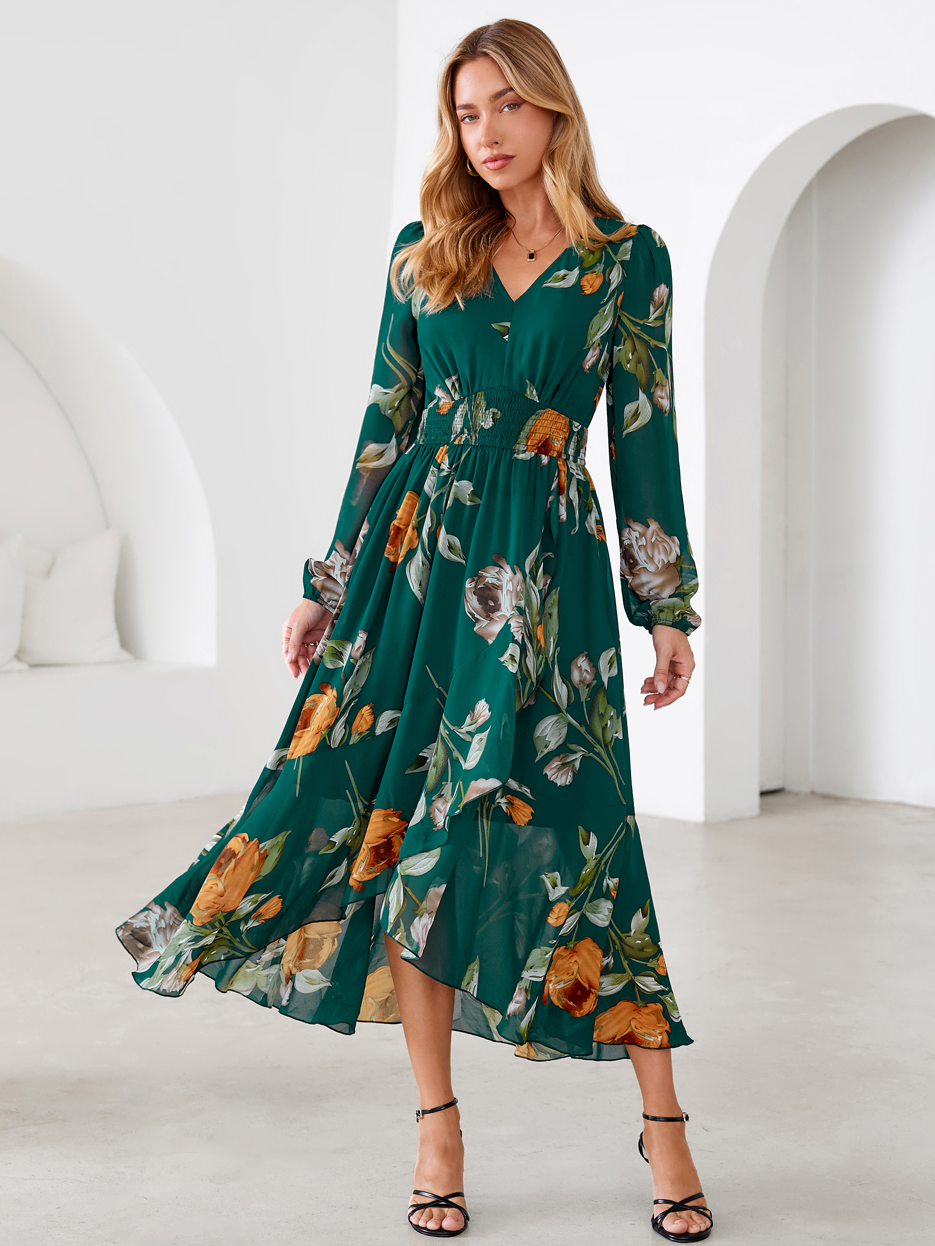 Tulle Floral Print Long Sleeve Asymmetrical Maxi Dress