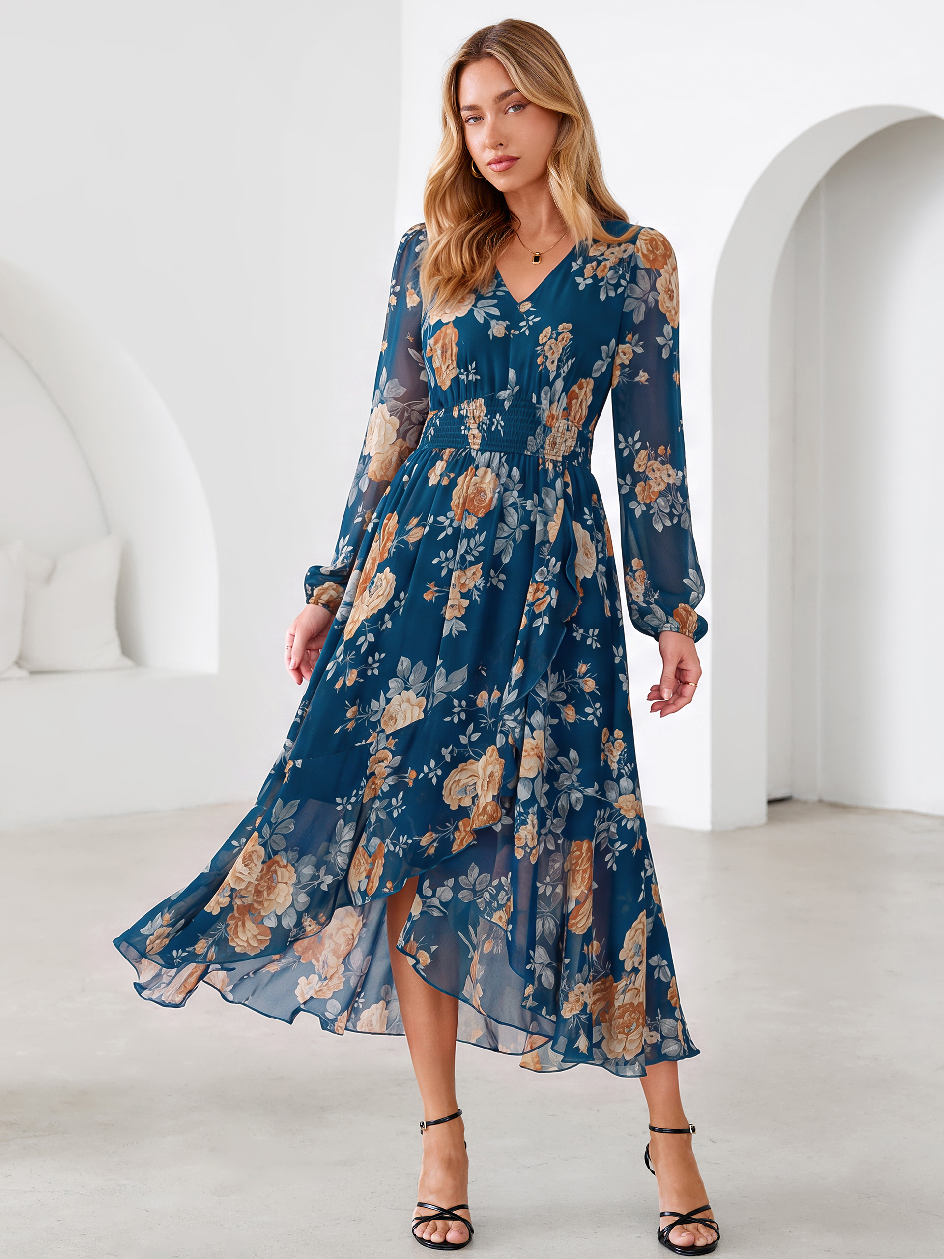 Tulle Floral Print Long Sleeve Asymmetrical Maxi Dress