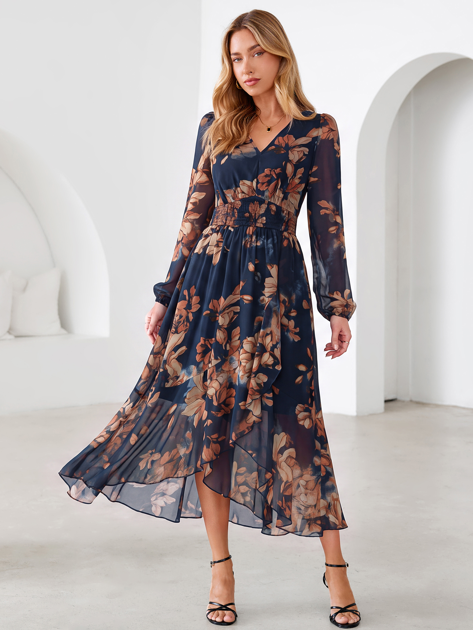 Tulle Floral Print Long Sleeve Asymmetrical Maxi Dress