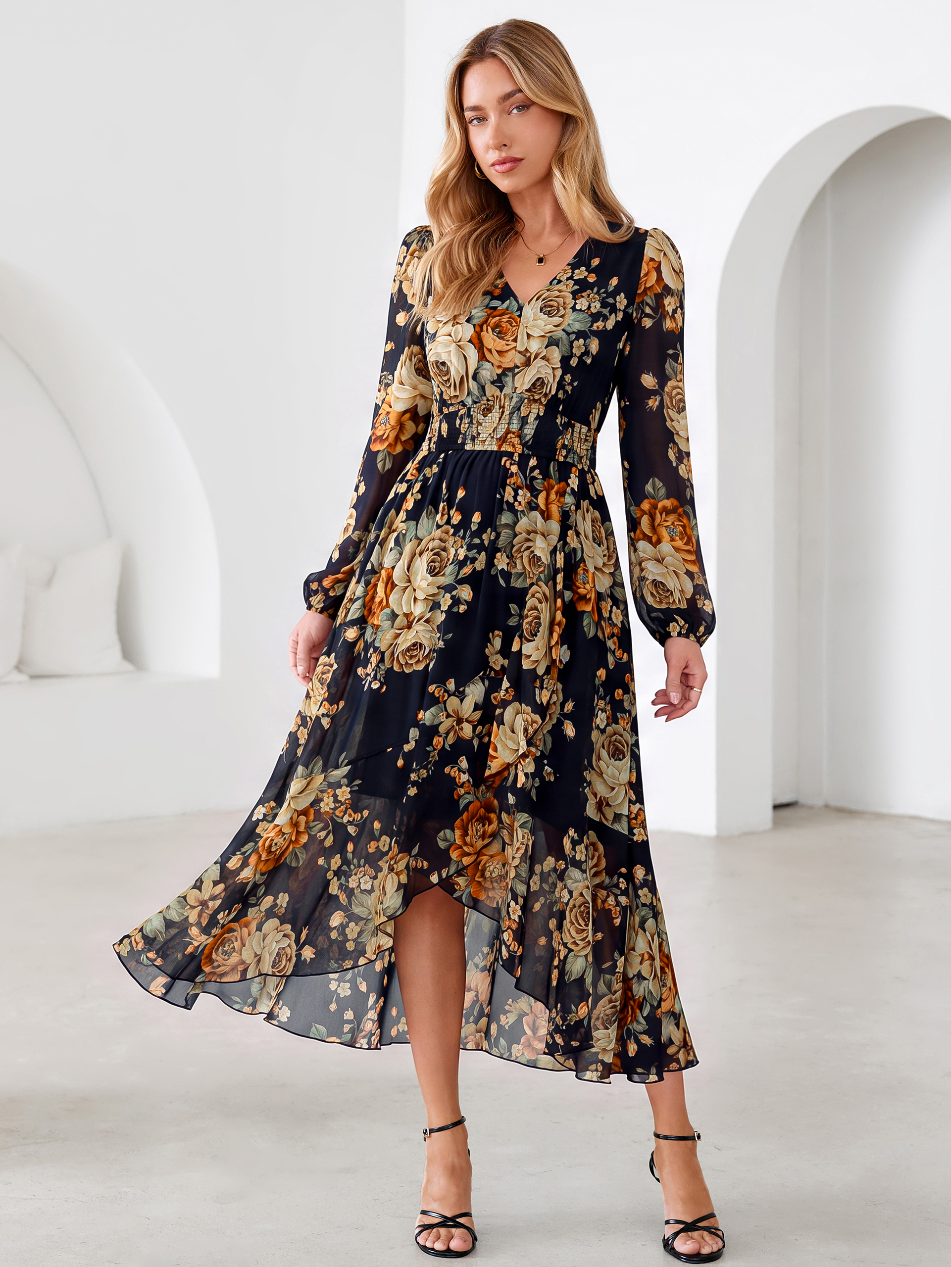 Tulle Floral Print Long Sleeve Asymmetrical Maxi Dress