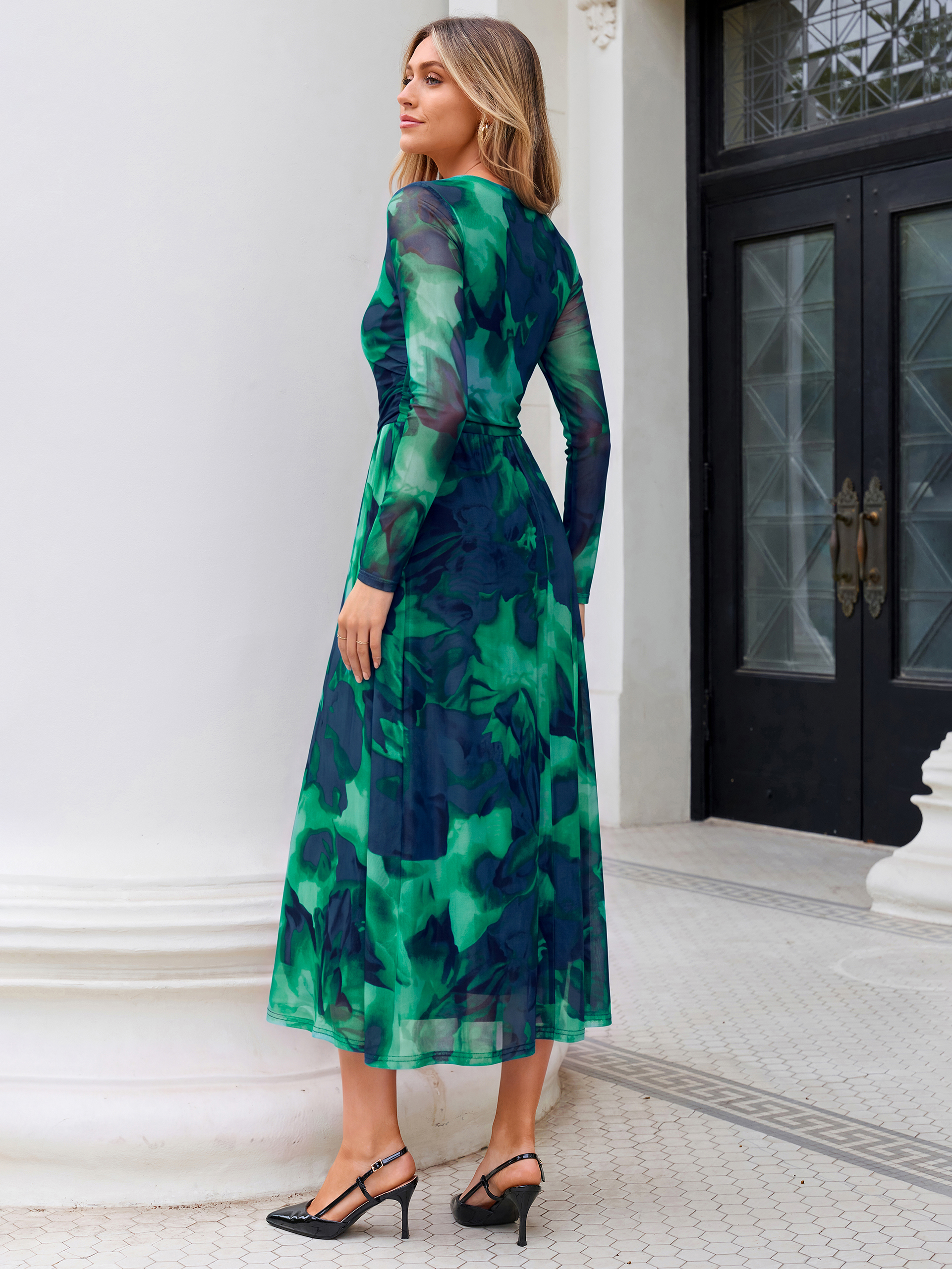 Floral Print Long Sleeve Boat Neck Mesh Maxi Dress