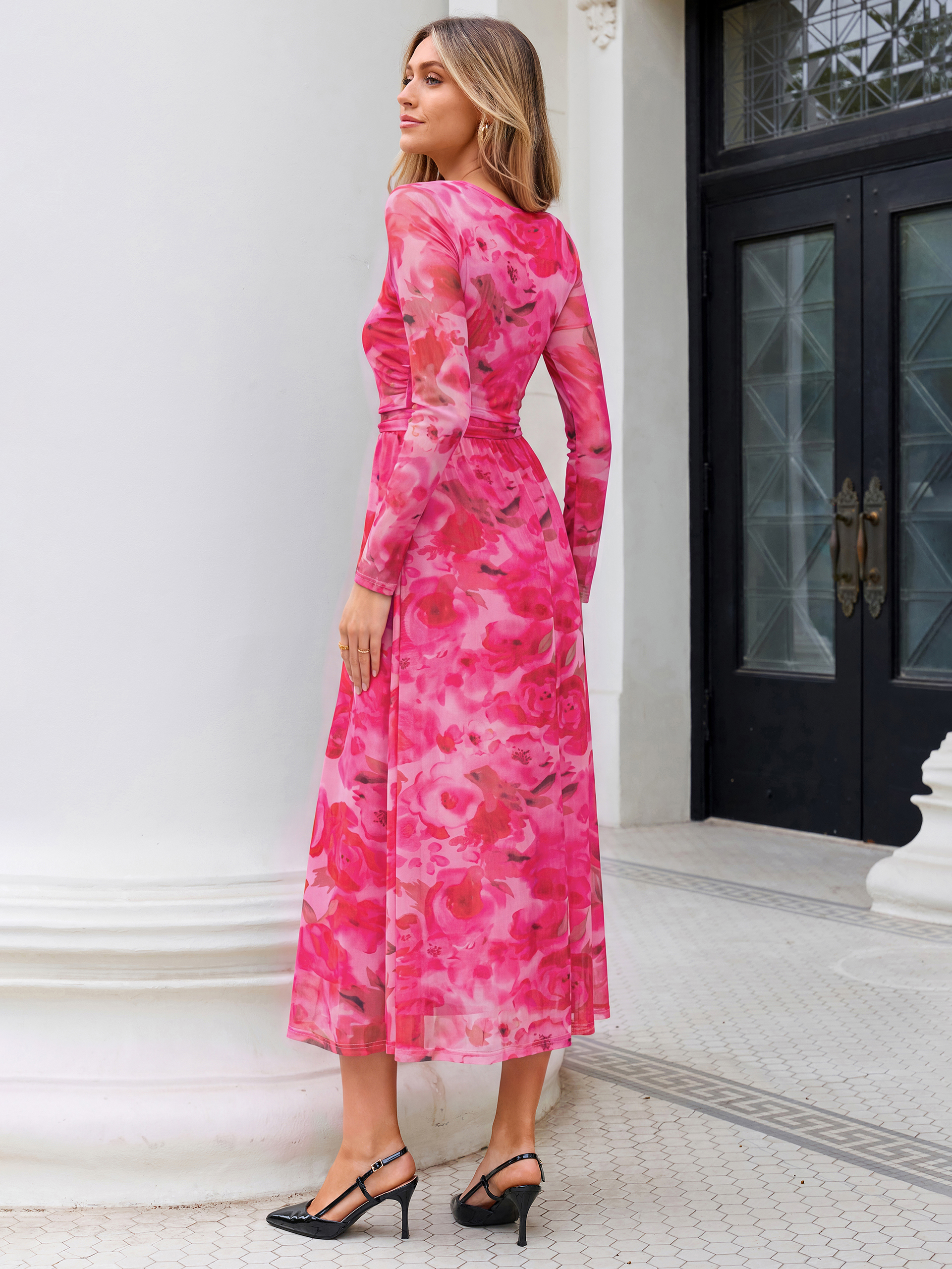 Floral Print Long Sleeve Boat Neck Mesh Maxi Dress