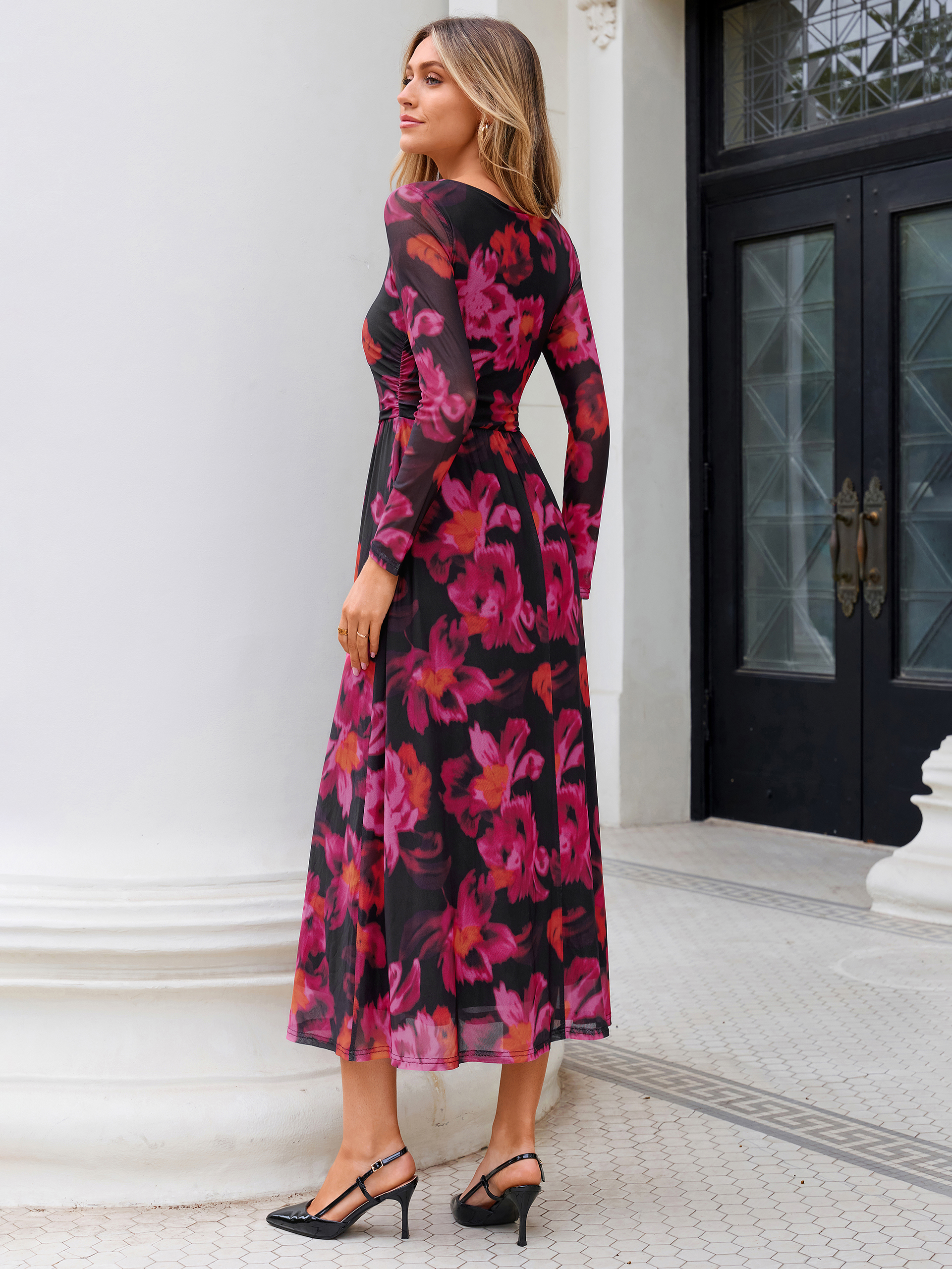 Floral Print Long Sleeve Boat Neck Mesh Maxi Dress