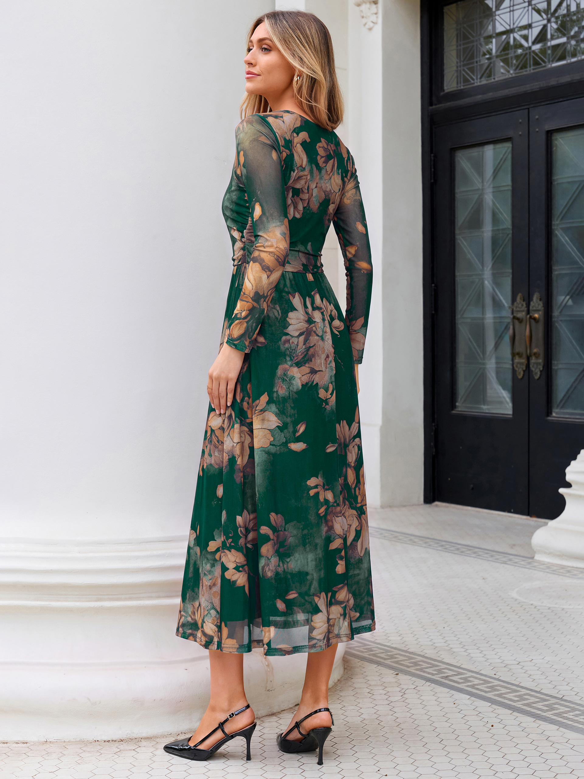Floral Print Long Sleeve Boat Neck Mesh Maxi Dress