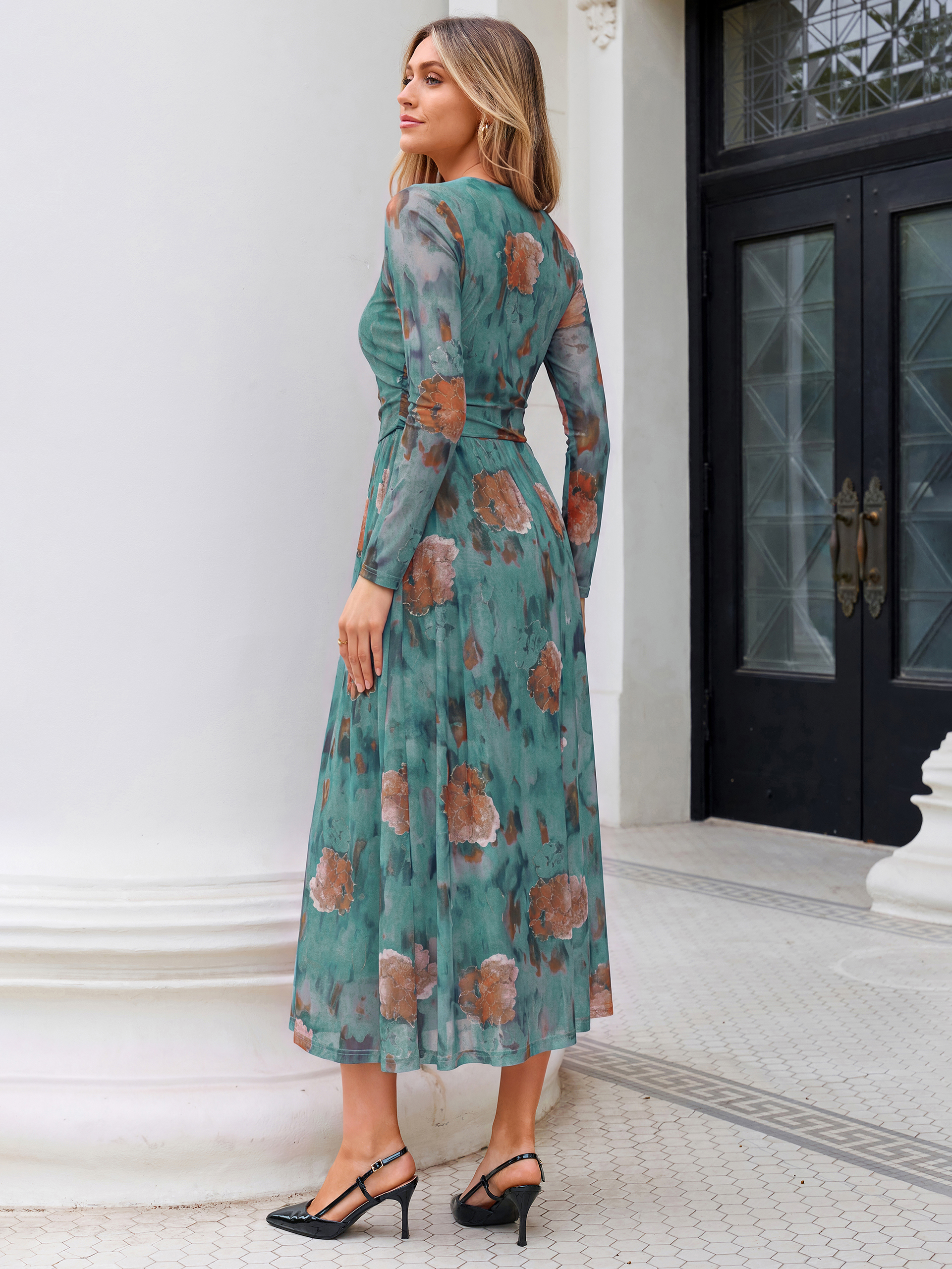 Floral Print Long Sleeve Boat Neck Mesh Maxi Dress
