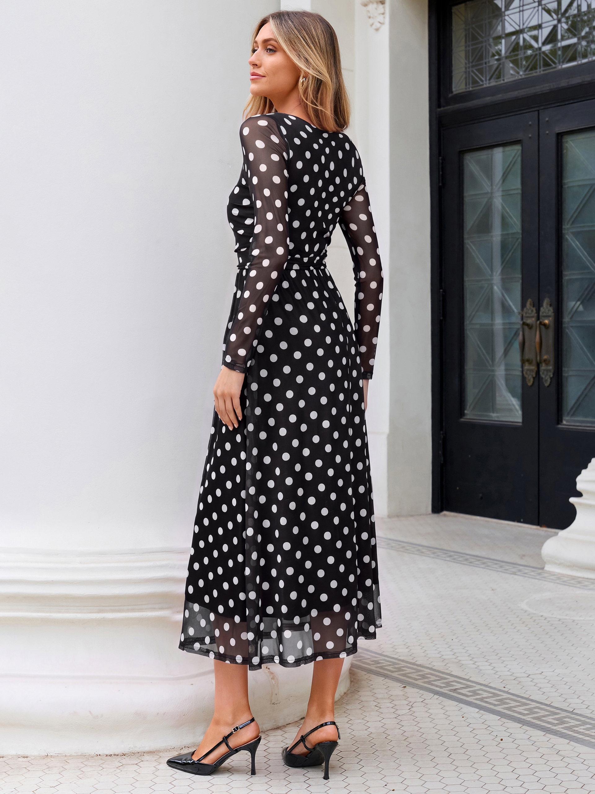 Polka Dot Print Boat Neck Sheer Sleeve Maxi Dress