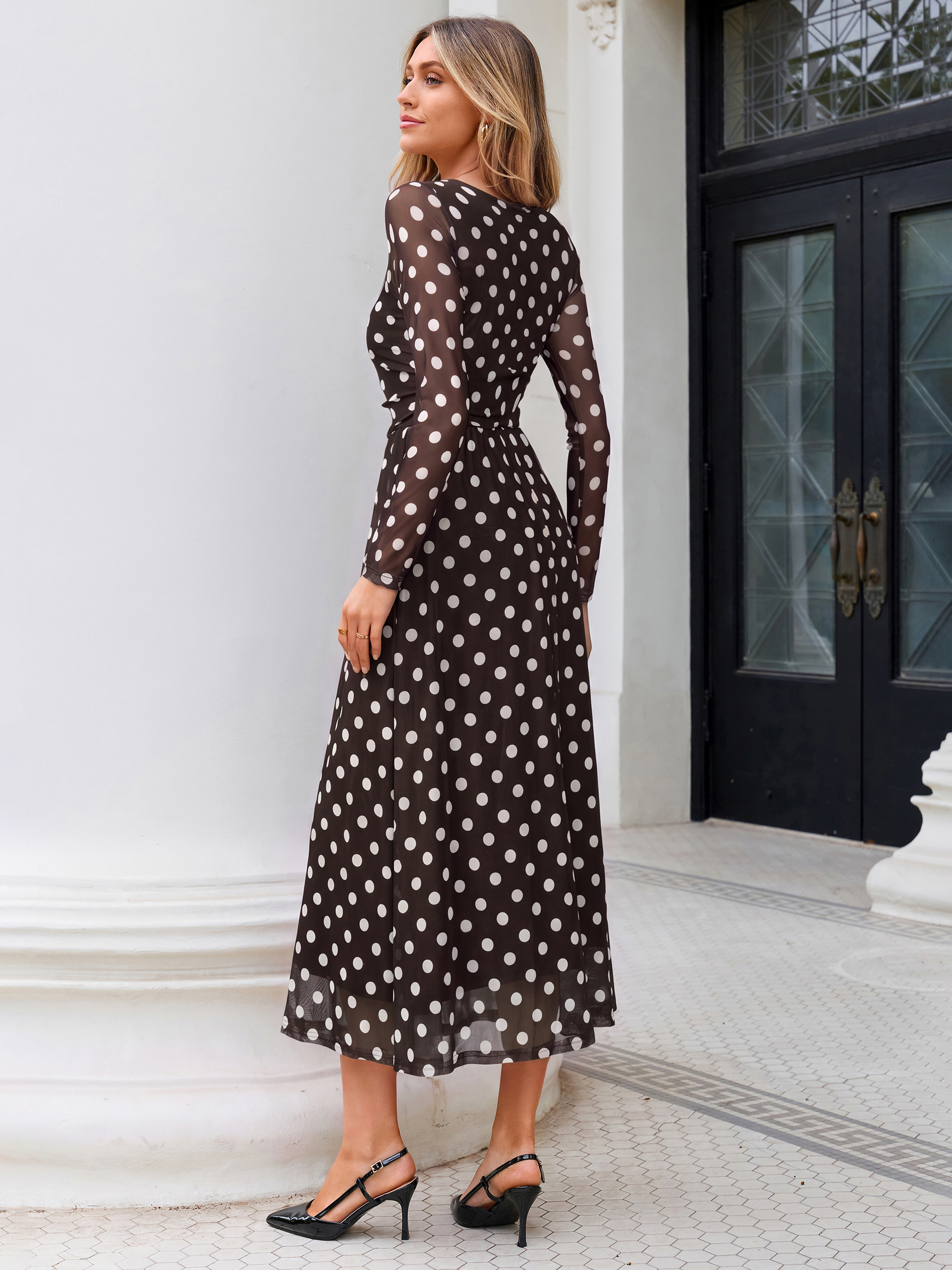 Polka Dot Print Boat Neck Sheer Sleeve Maxi Dress