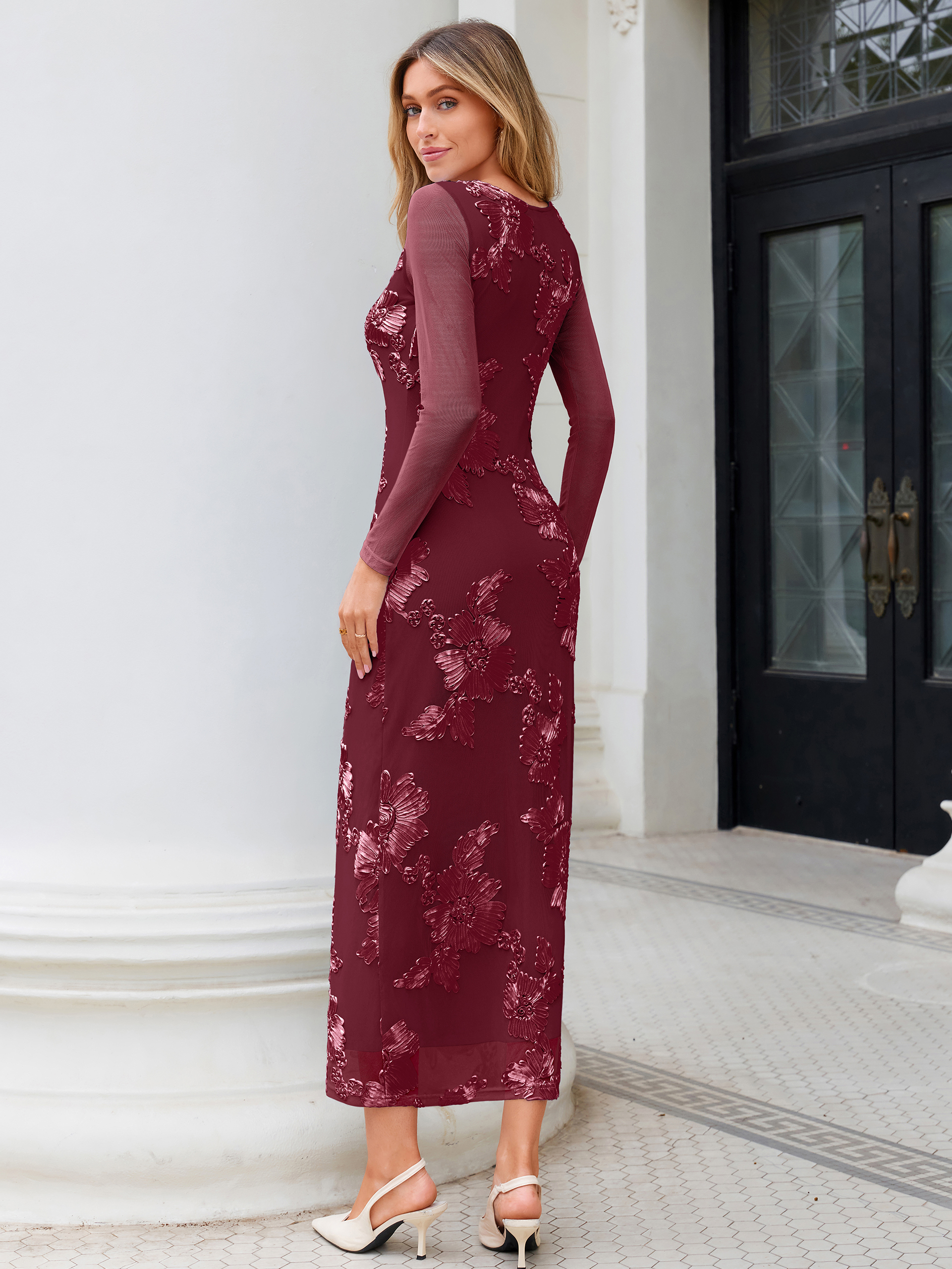 Embroidered Floral Mesh Long Sleeve Bodycon Maxi Dress