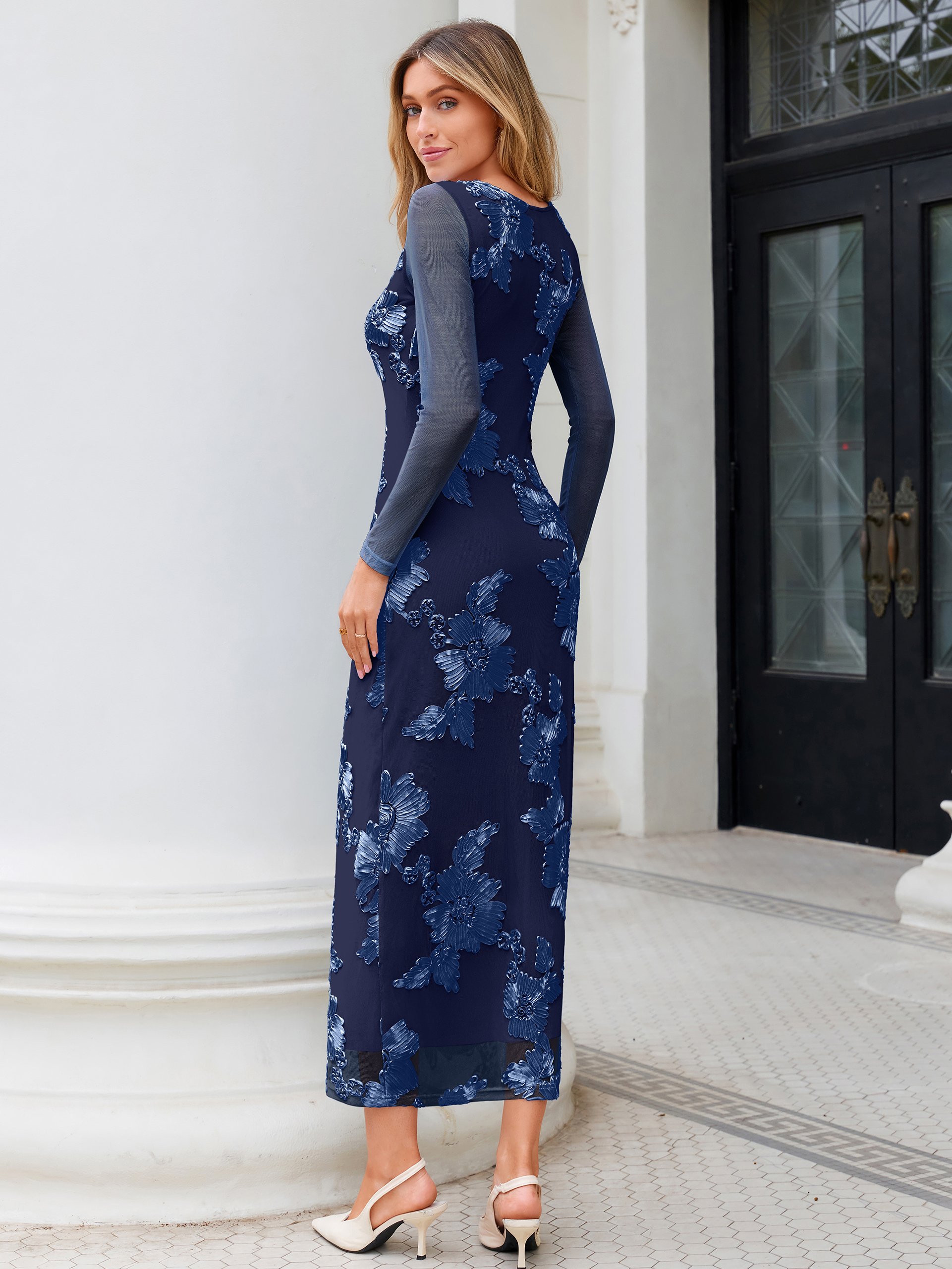 Embroidered Floral Mesh Long Sleeve Bodycon Maxi Dress