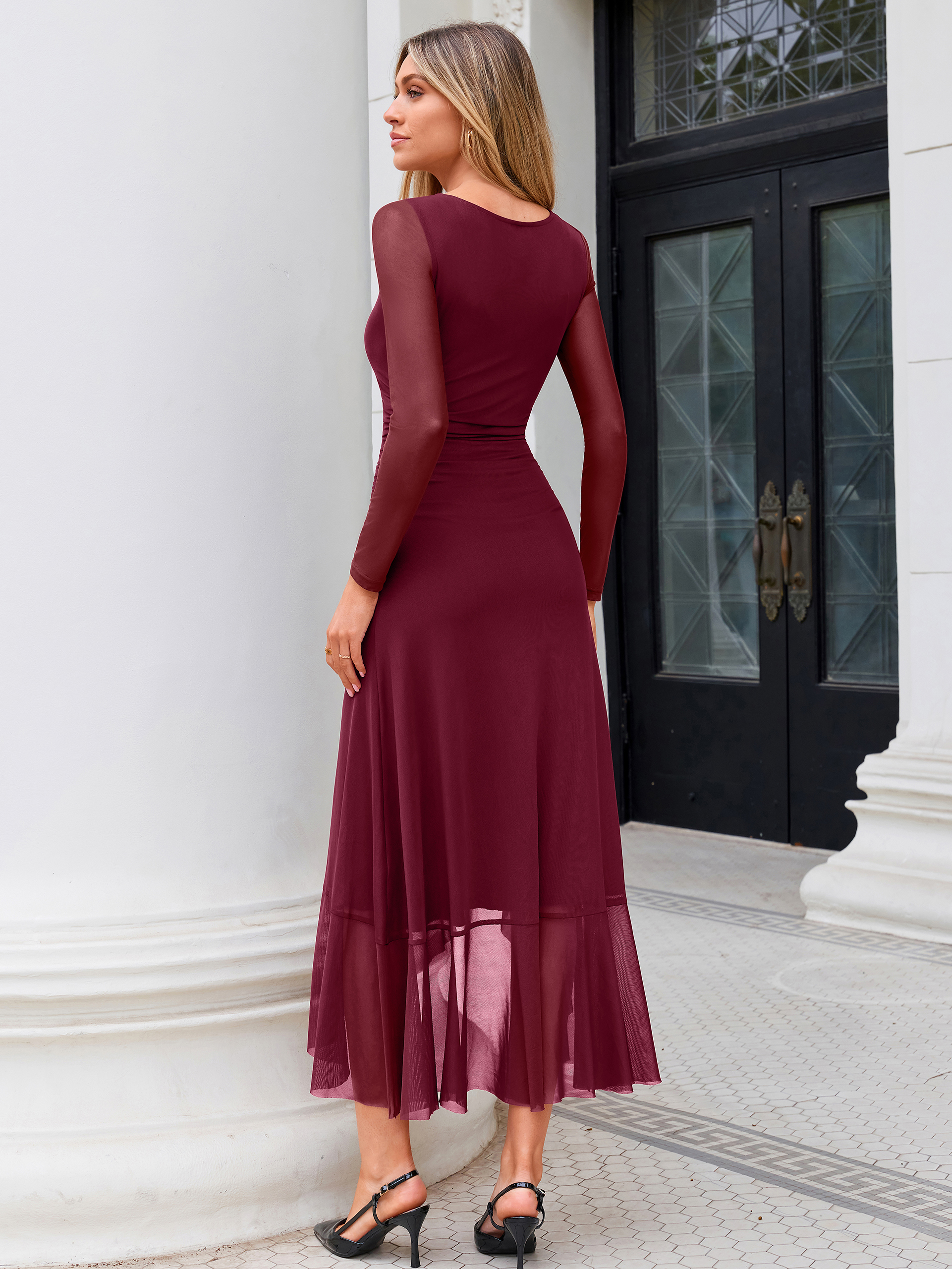 Round Neck Ruched Slit Ruffle Hem Mesh Midi Dress